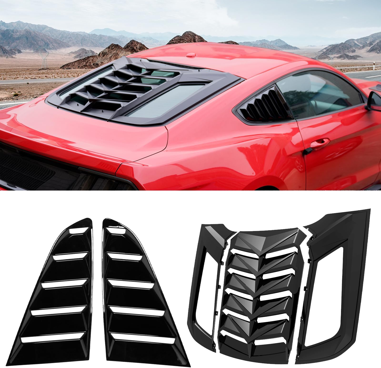 HAKA TOUGH Rear+Side Window Louvers for Ford Mustang 2015-2022, Side Windshield Rear Scoop Cover Sun Shade Mustang GT Accessories, Black 3PCS