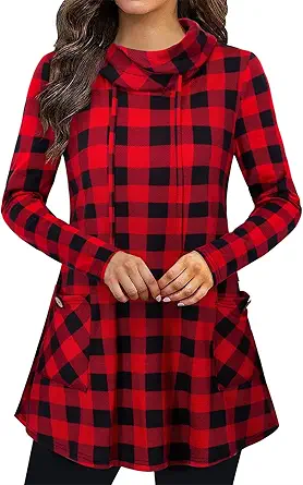 Bulotus Fall Sweaters for Women 2025 Cowl Neck Asymmetrical Long Tunics for Leggings Vacation Travel Tops with Pockets