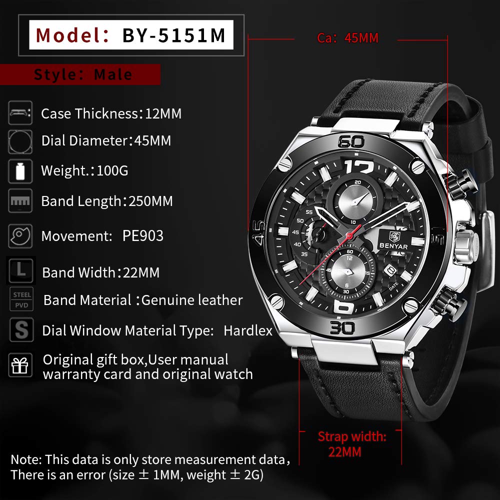 Benyar reloj de pulsera para hombre, cuarzo, cronógrafo, fecha, 3 ATM, resistente al agua, diseño deportivo, correa de cuero, Negro 6