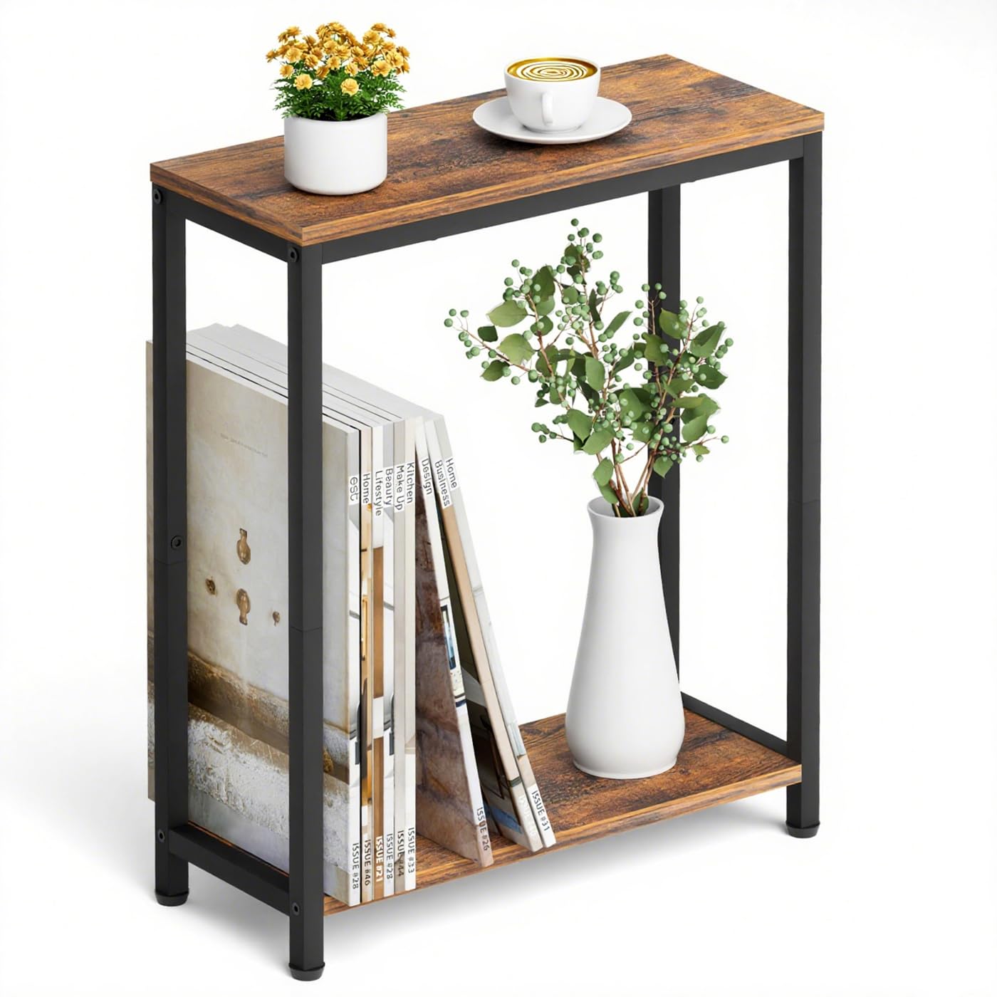 MISSLO Small Side Table, 2-Tier End Table for Living Room, Narrow Bedside Table for Bedroom, Sofa, Couch, Rustic Brown and Classic Black — image 1