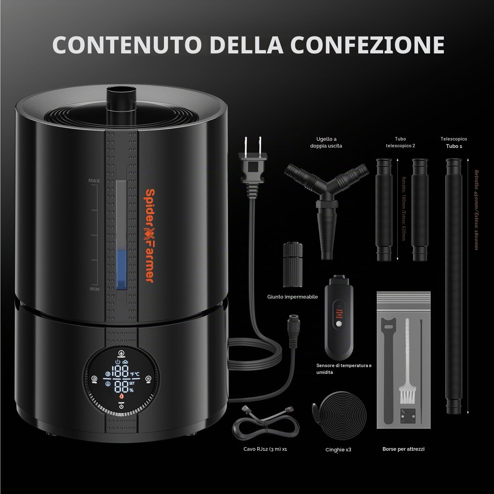 Spider Farmer Nuovo umidificatore da 450 ml/h per piante Tenda da coltivazione Camera da letto, GGS Smart Umidificatore a ultrasuoni con igrometro Nero Piccolo 5 L