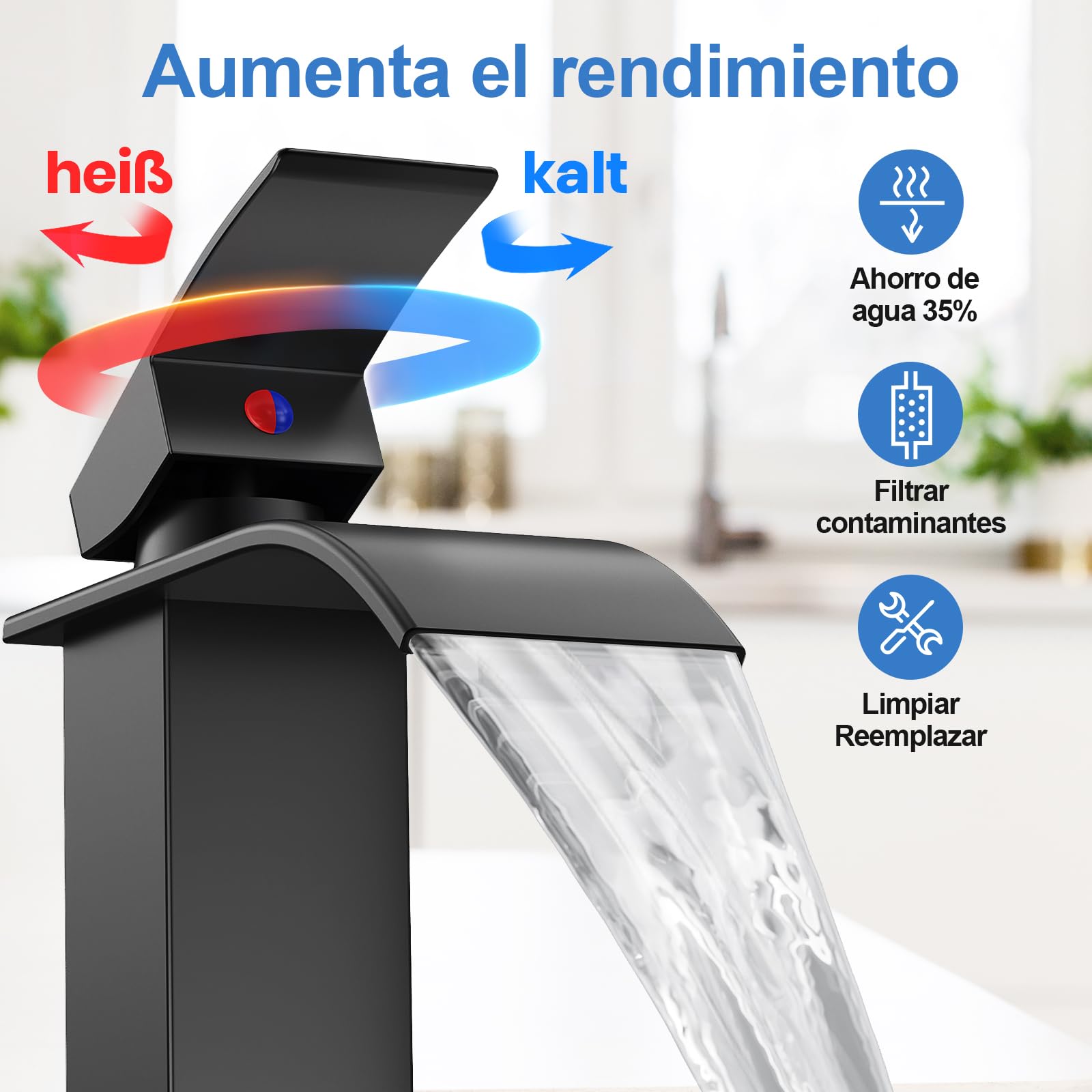 Rubinetto Bagno Lavabo a Cascata,Miscelatore Lavabo Bagno,Miscelatore per bagno in ottone e acciaio inox, cromato (incl. tubo da 60 cm)