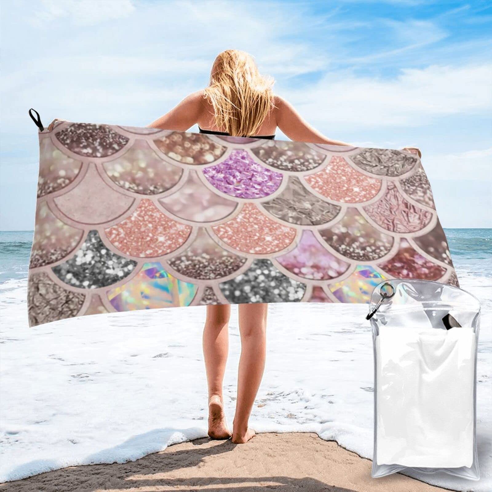 Lawenp Colorful Scale Pattern of Fish Microfiber Beach Towel Adults Large Quick Drying Bath Towel Travel Towels with Pouch 27.5"x55"