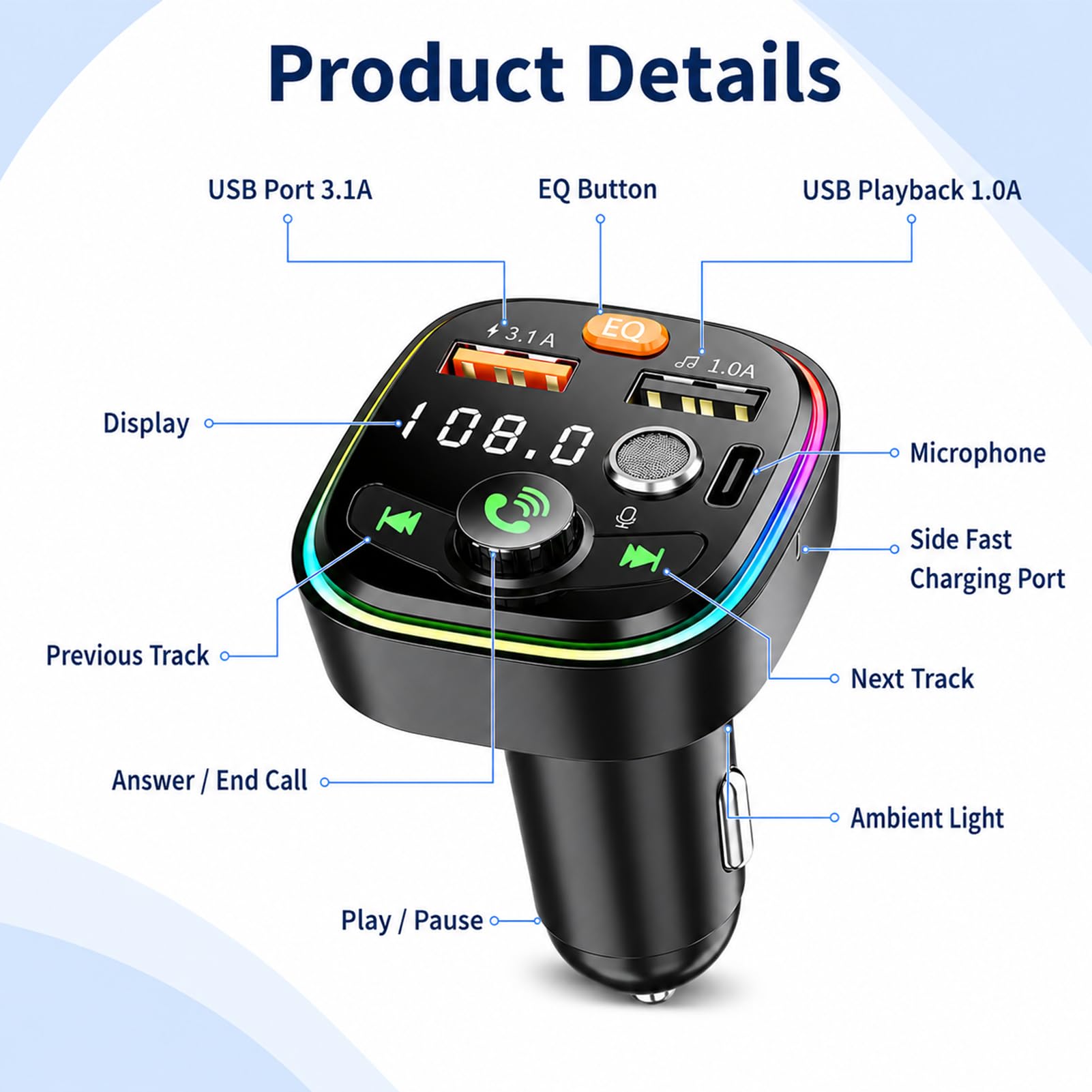 FM Transmitter Auto Bluetooth, Bluetooth FM Transmitter Auto Freisprecheinrichtung 3-in-1 Radio Adapter Schnellladung PD 18W & Typ-C 12–24V Hi-Fi Stereo Bass Kompatibel Smartphones Tablets