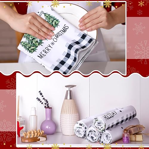 Miniatura 5 de Juego de 4 toallas de cocina navideñas de 18 x 26 pulgadas, absorbentes a cuadros, toalla de cocina de árbol de Navidad, camión, copo de nieve,