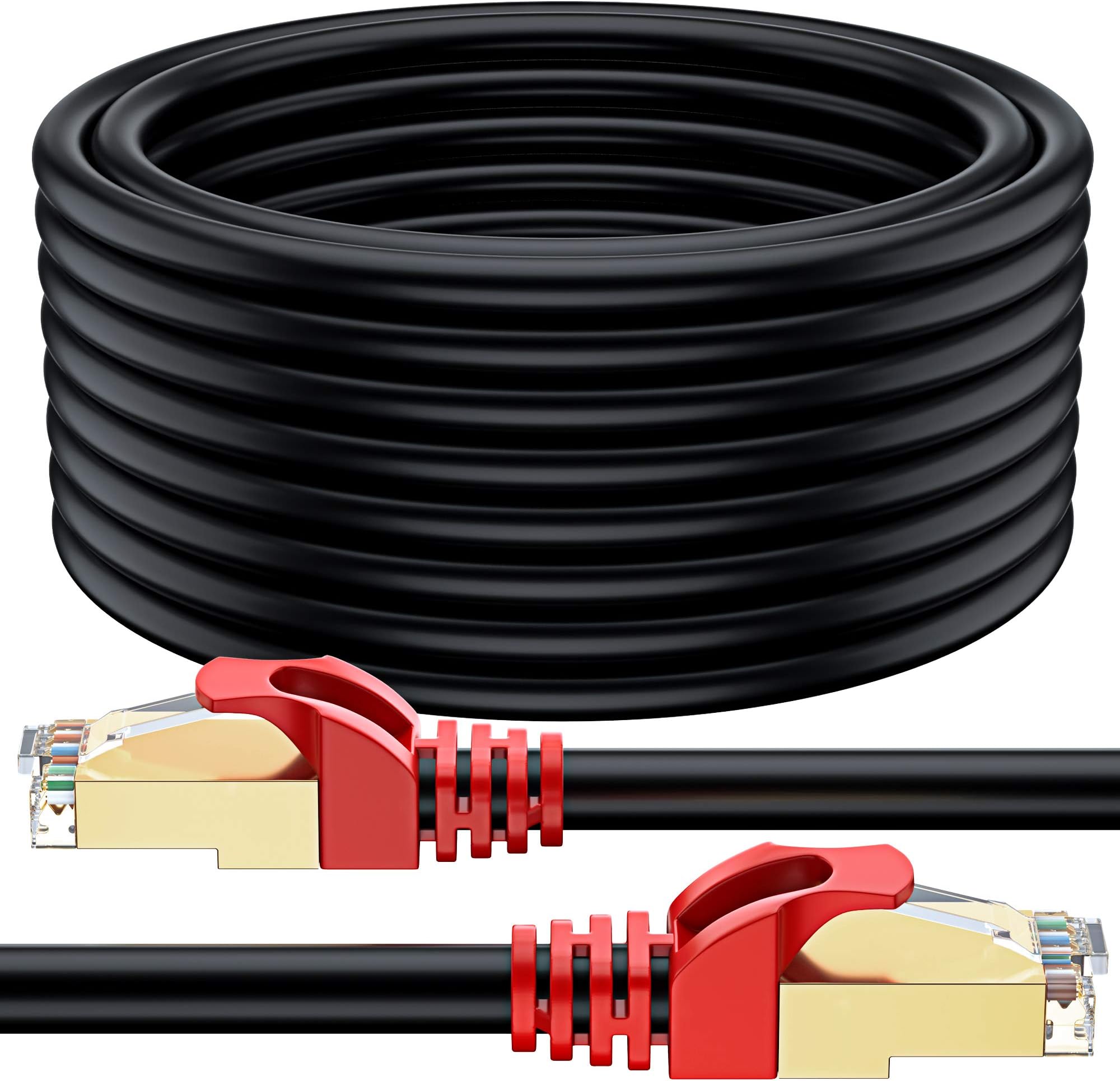 MutecPower 30m CAT 7 Outdoor waterproof Direct Burial RJ45 Ethernet Network Cable - SFTP - 600 Mhz - Black 30 meter with Cable Ties & Clips