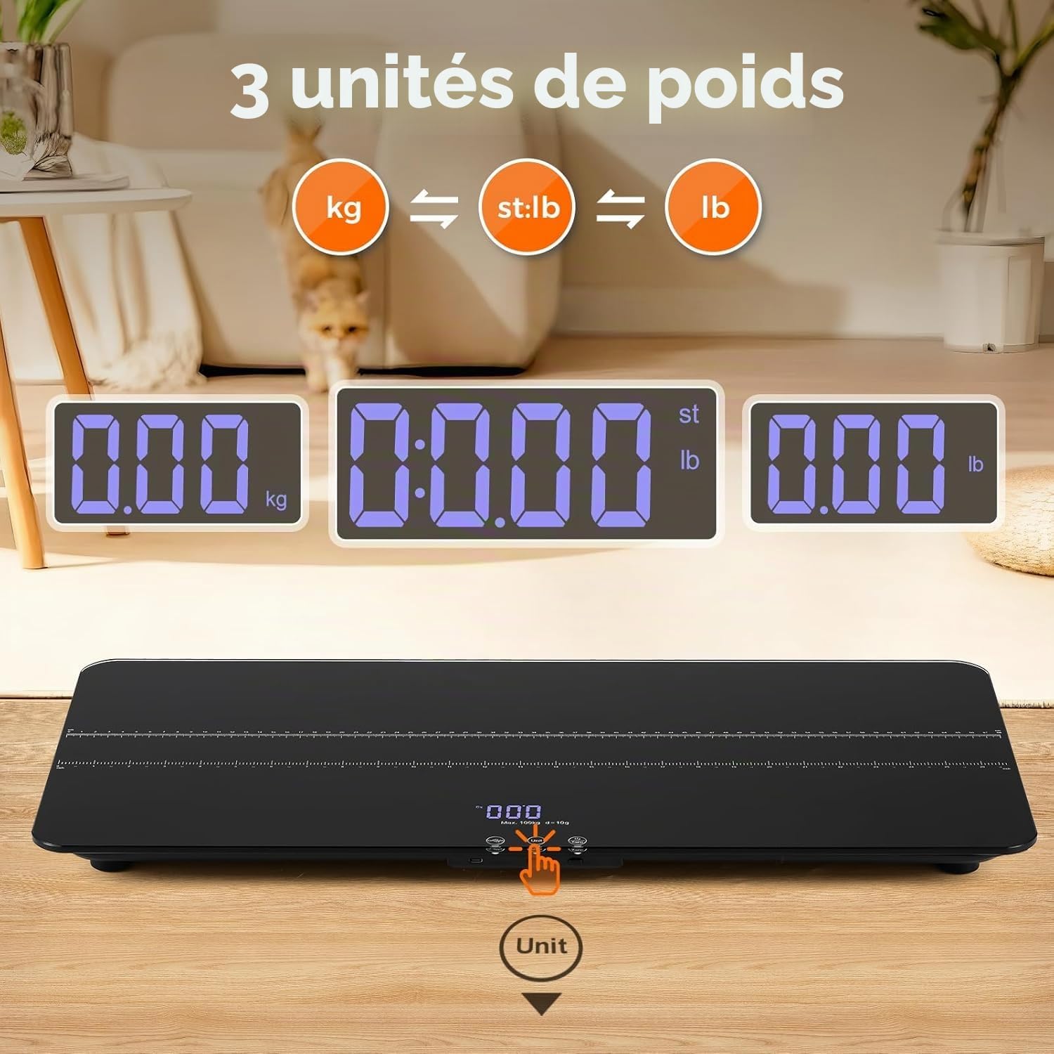 Bonvoisin Balance Animale Numérique jusqu'à 100 kg, Balance pour Chats et Chiens avec Précision 10 g & 3 Modes (kg/lb/st) – Grande Tapis Caoutchouc 68x33 cm, écran LCD, Fonction Hold, Recharge USB-C
