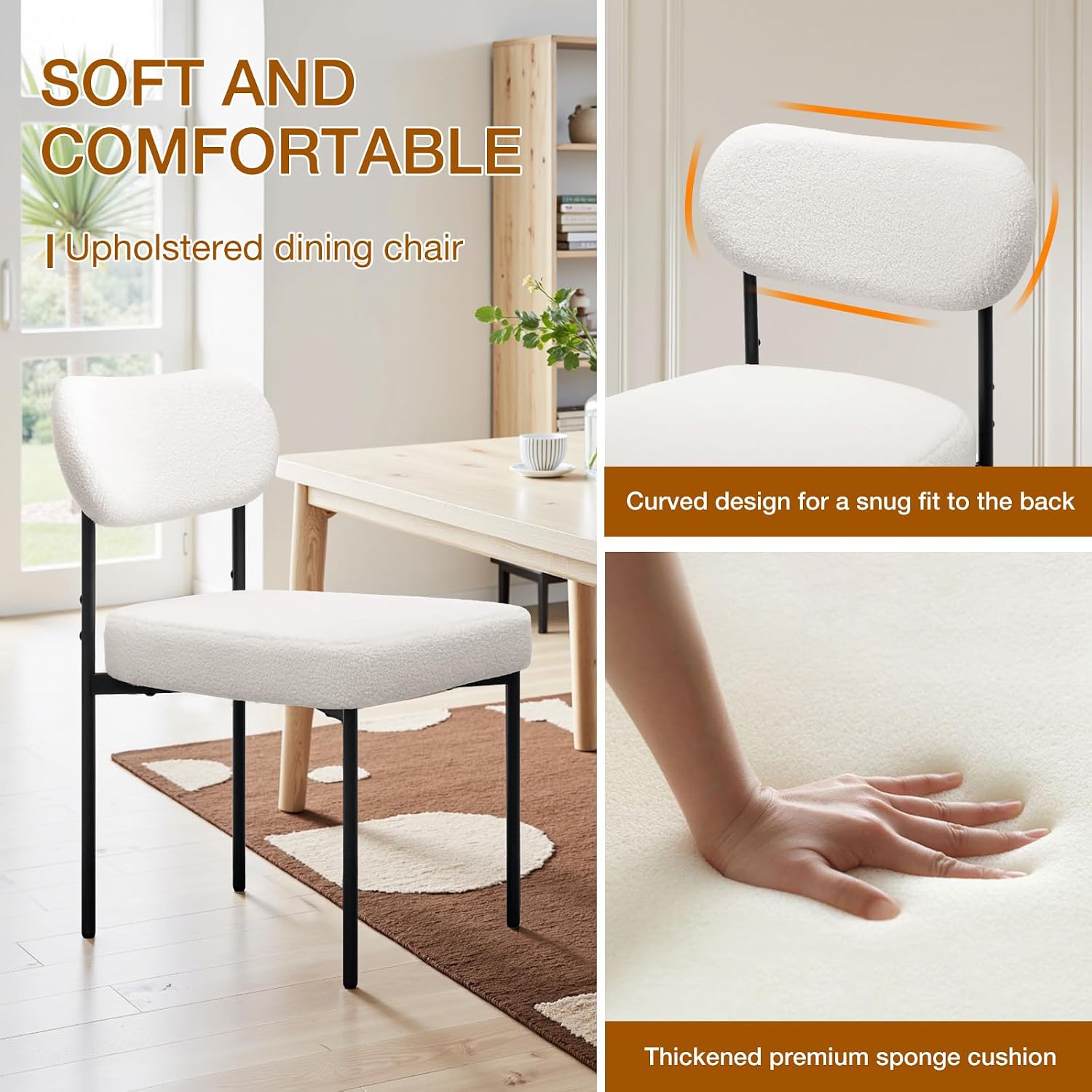 HOMMPA Boucle Dining Chairs Set of 2 Dining Chairs with Back Modern Upholstered Kitchen Dining Room Chair with D-Shaped Seat Cushions and Metal Legs for Home Kitchen Dining Room Living Room Beige