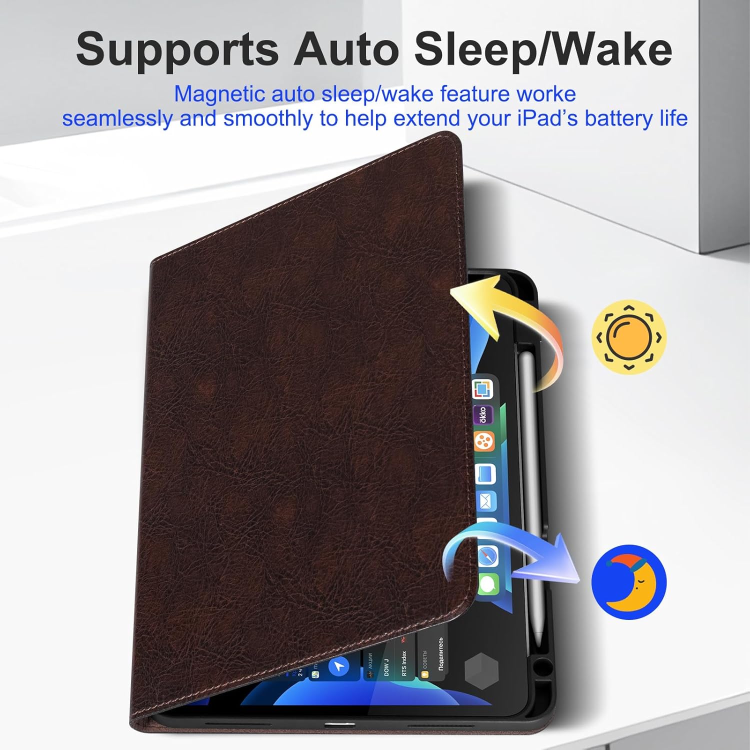 Leather Case for iPad Air 11 Inch 2026/2025/2024 M4/M3/M2 iPad Air 10.9 Inch 5th/4th Folio Cover with Pencil Holder Auto Wake/Sleep Adjustable Stand Wear-Resistant Protective Case-Mocha Brown