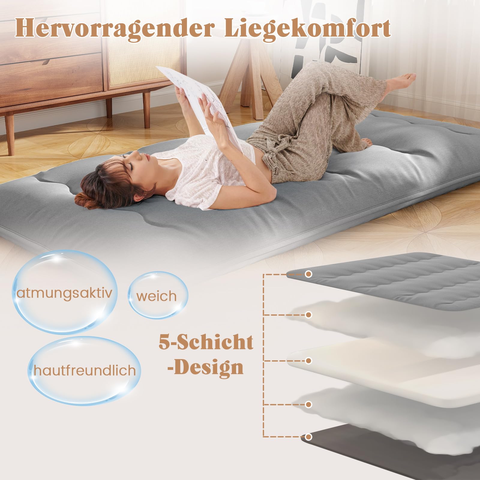 COSTWAY Japanische Futon Matratze, Tatami-Matte, Bodenmatratze, Klappmatratze mit waschbarem Bezug, Faltbare Schlafmatte mit Tragetasche, Beige, 90 x 200 cm (90 x 200 cm,Grau)