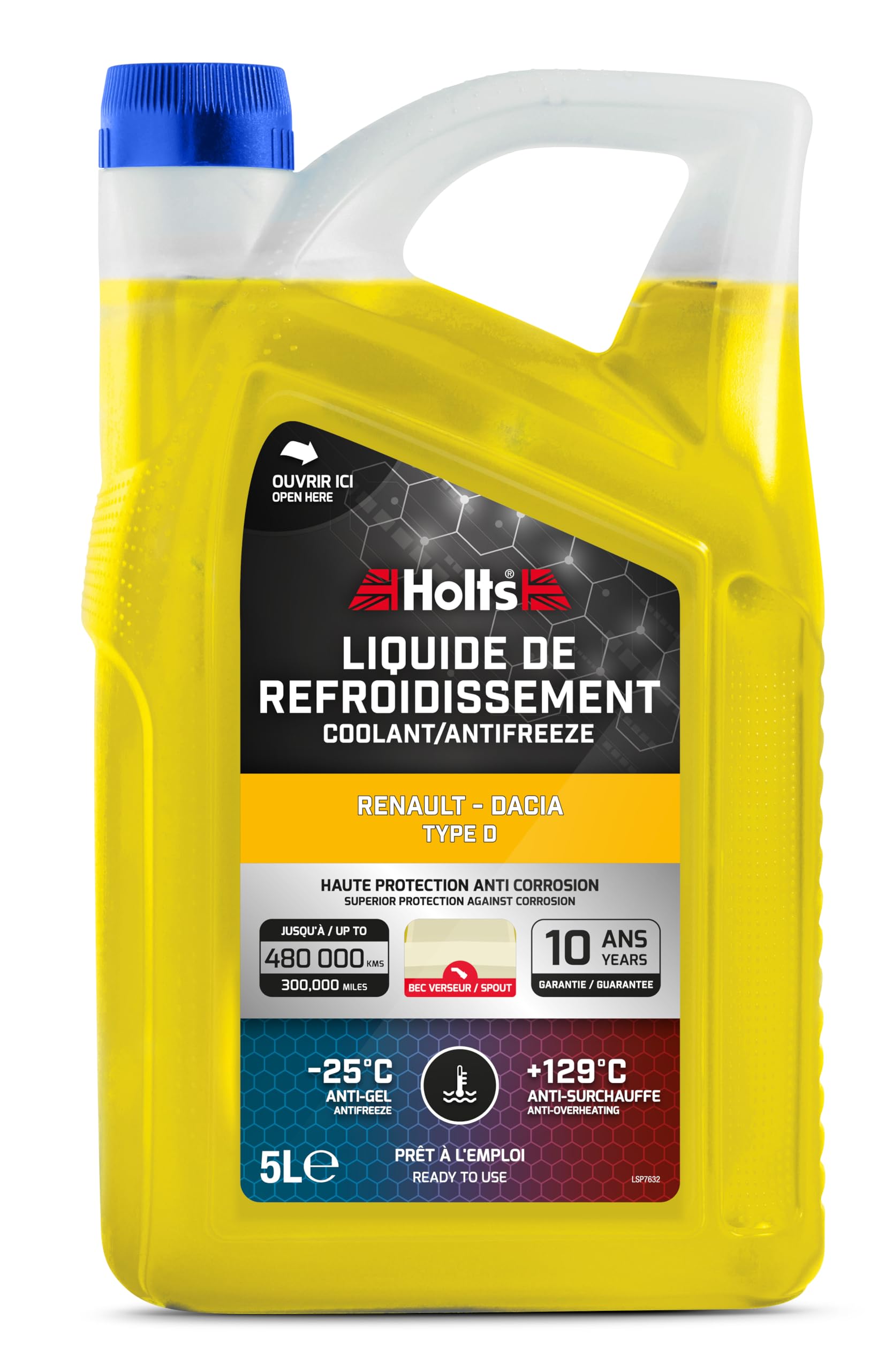 Holts HAFR0004B Antifreeze Coolant Renault Dacia Type D with spout 10-year 300k mile long life, protection to -25°C, Yellow, 5 Litre