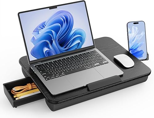 SAIJI Escritorio de regazo para laptop, bandeja portátil para laptop con cojín, almacenamiento de cajones, soporte para teléfono, asa de transporte,