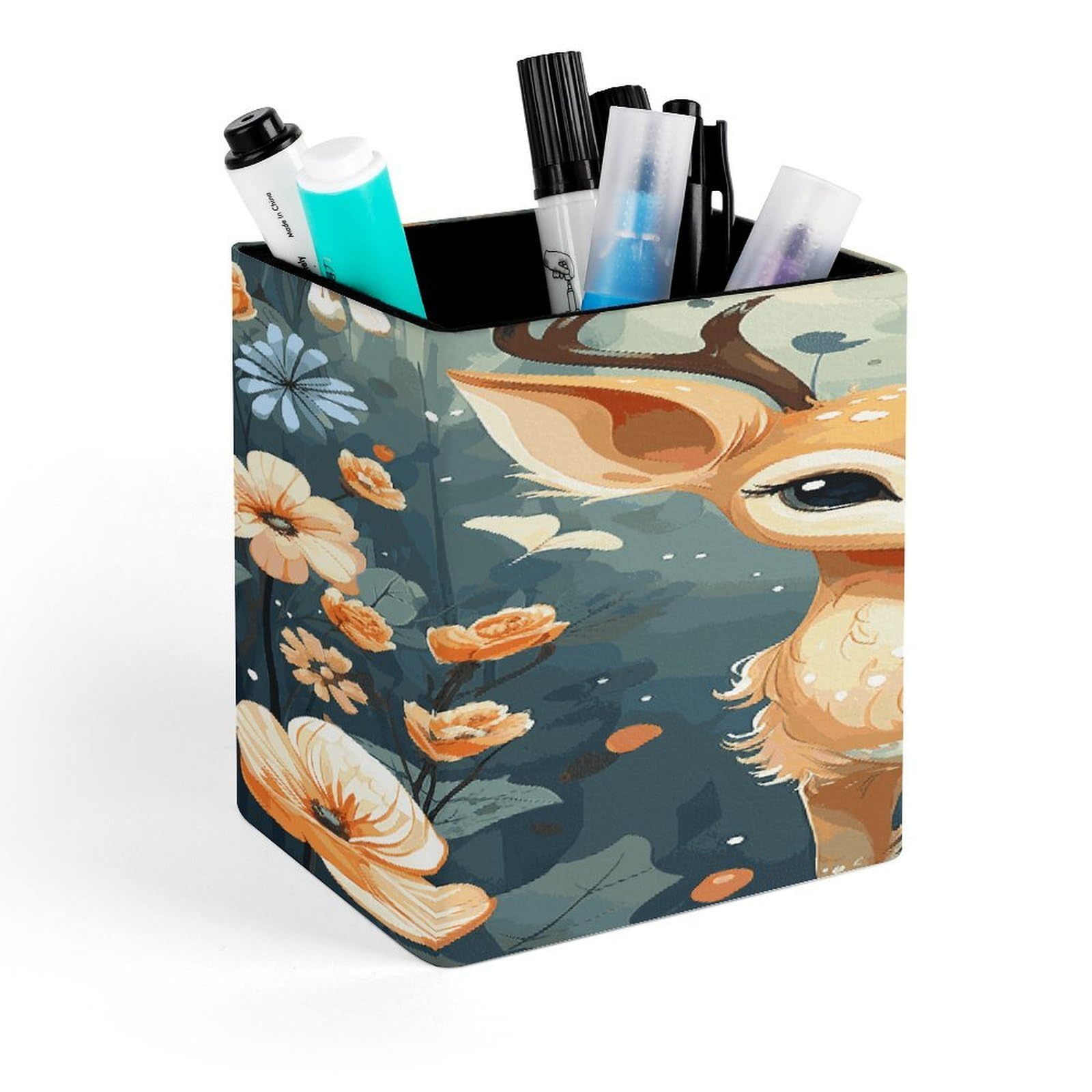 JTREHY - Cartoon Deer Flower Pen Holder Makeup Pencil Holder PU Leather Coaster Stationery Organizer Office Accessories Box for