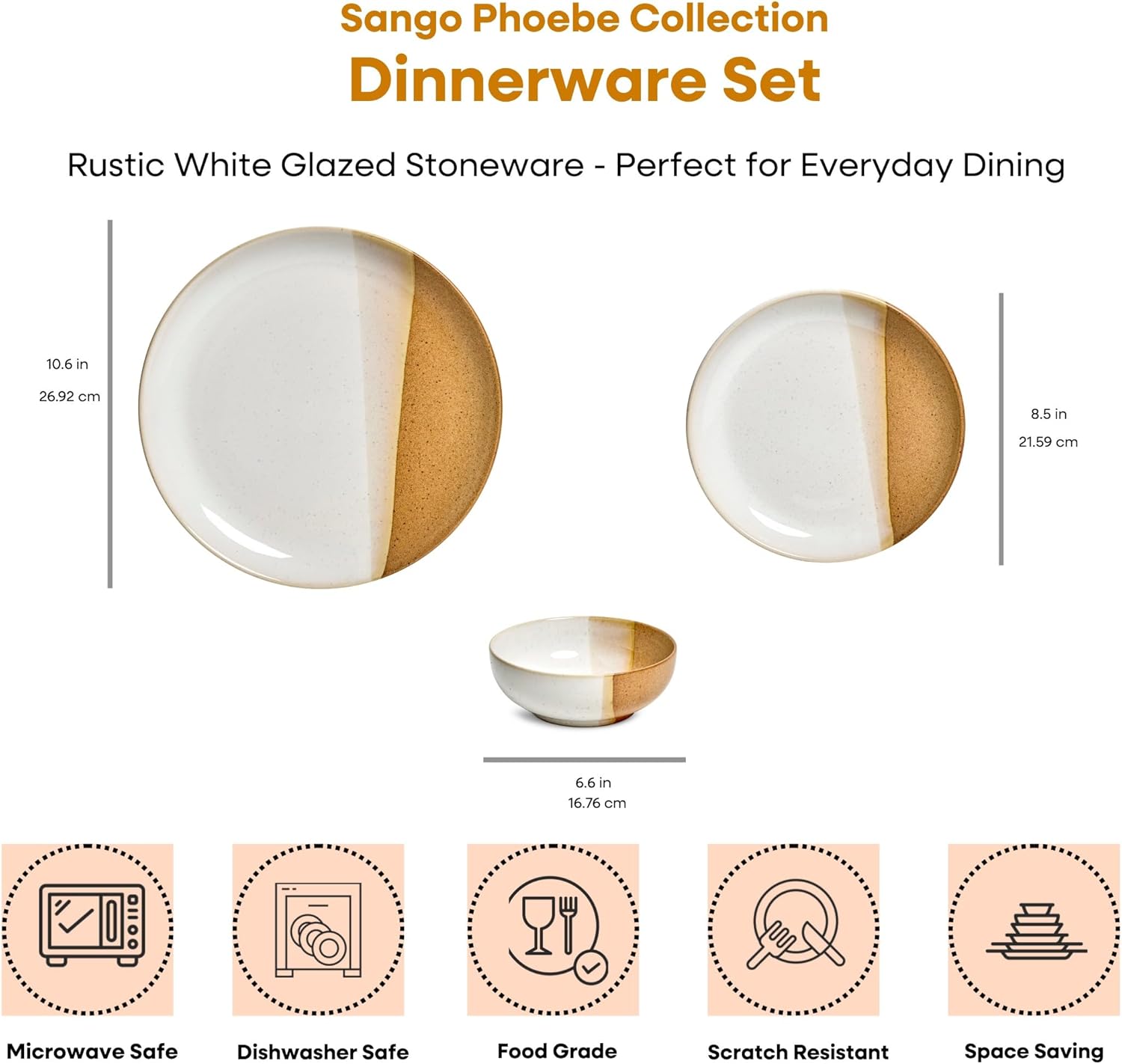 Sango 12 Pieces Stoneware Dinnerware Set, Glossy Caramel & Cream Dishes for 4, Premium Plates and Bowls Sets, Chip & Scratch Resistant, Ceramic Kitchen Dish Set, Microwave & Dishwasher Safe, Phoebe