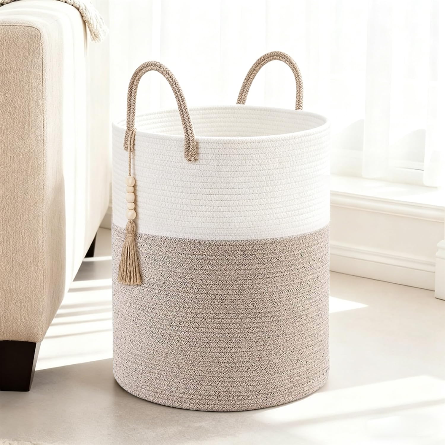 Large 60L Woven Cotton Rope Storage Basket with Handles | Tall Laundry & Toy Organiser for Nursery, Living Room & Bedroom | Soft, Foldable Blanket Basket (White&Mix Brown)