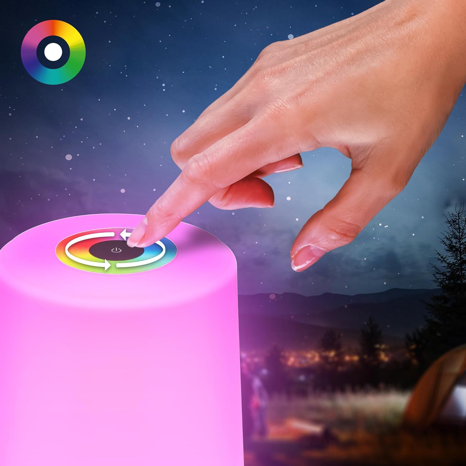 Hand touching the top surface of the BRILONER LED RGBW Wireless Table Lamp to change colors, with a color wheel icon.