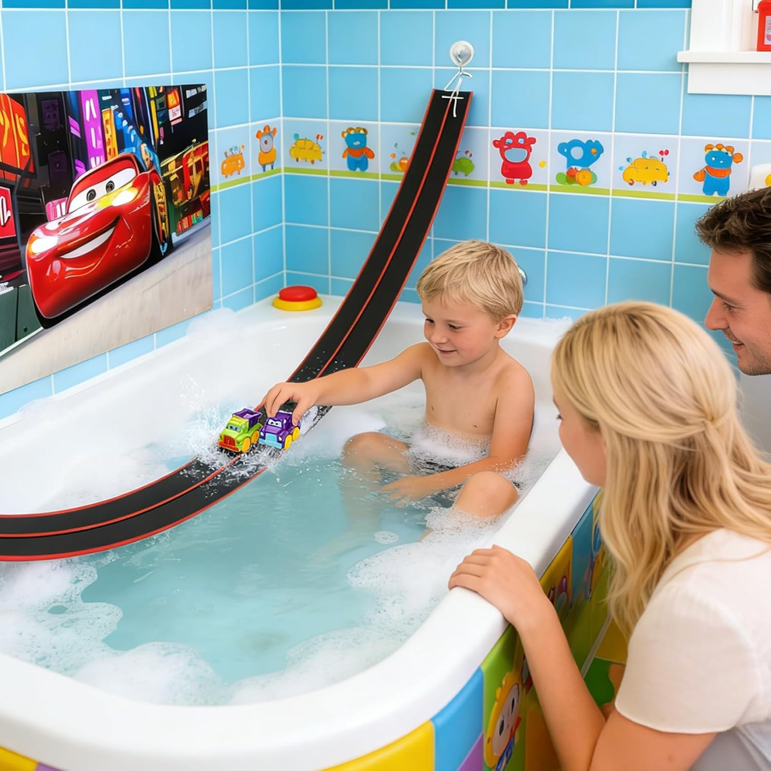 Race Car Bath Toy Set, Toddler Car Bath Toys, Flexible PVC DoubleTrack, Industrial-Strength Suction Cups, 8 Piece Set, CPC Certification, Kid's Bathtub Gift for Ages 3+