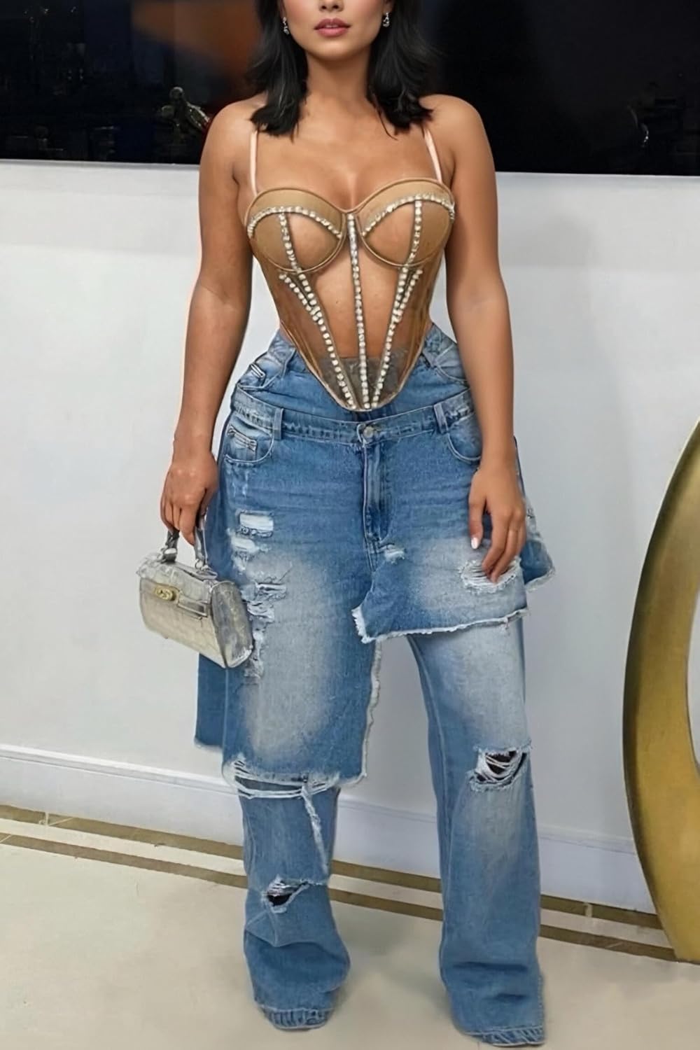 Vakkest Women's High Waisted Jeans Baggy Ripped Irregular Patchwork Denim Pants Straight Wide Leg Trousers Streetwear - Image 2