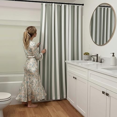 Miniatura 5 de KIBAGA Hermosa cortina de ducha bohemia a rayas para tu baño, elegante cortina verde salvia de 72 x 72 pulgadas que se adapta perfectamente a