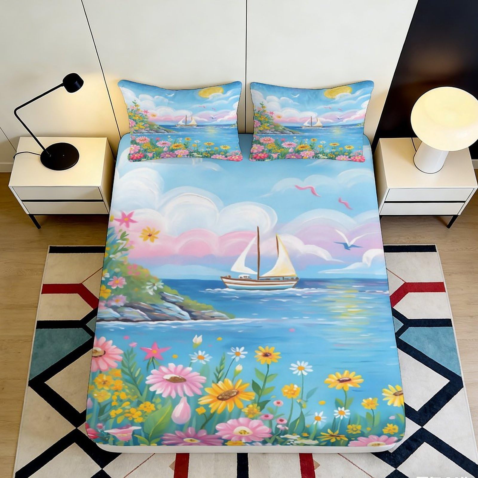 3D Printed Seaside Floral Fitted Sheet Microfiber Deep Pocket Bedroom Bedding Seaside Flower Mattress Fitted Cover Washable 90x200x25cm