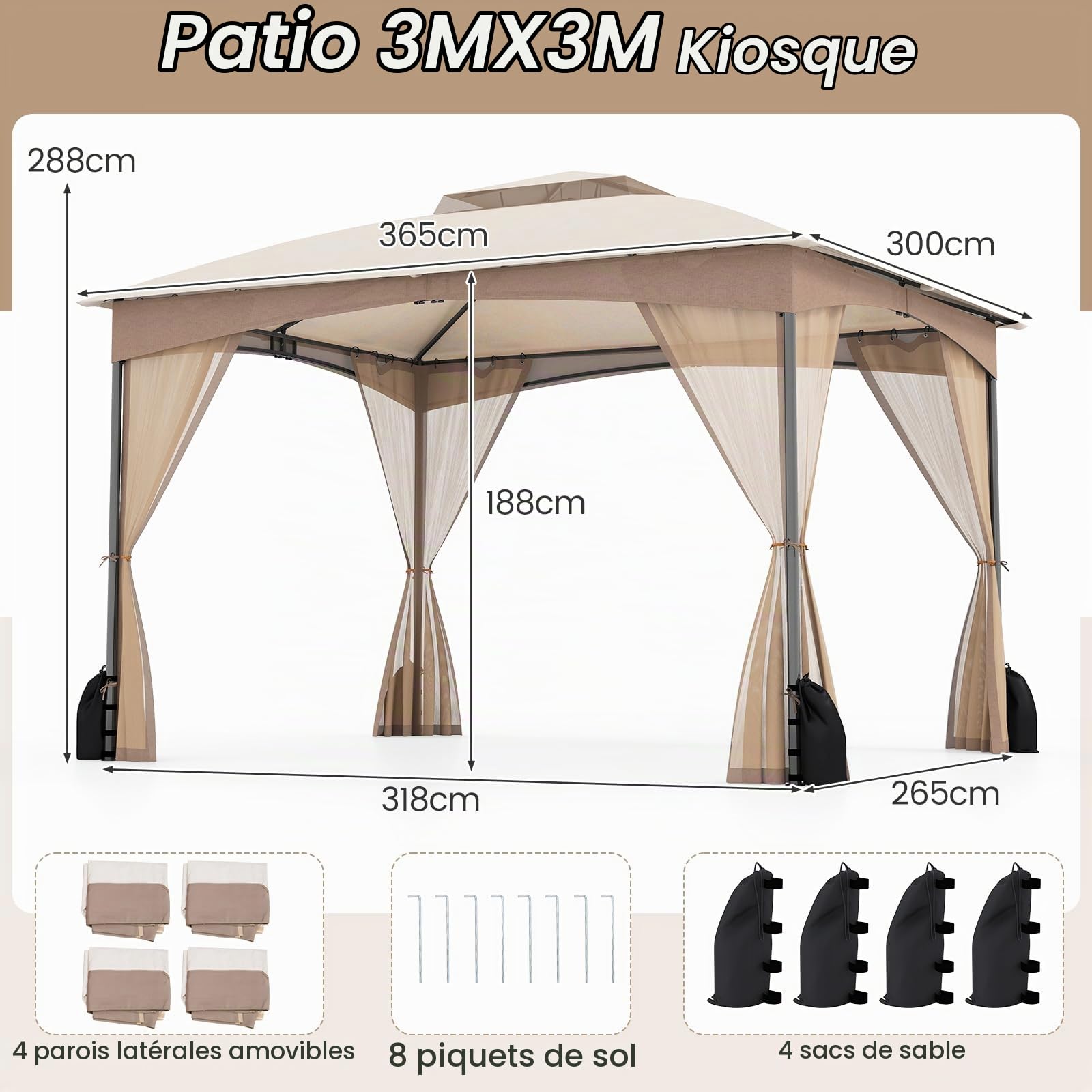 GOPLUS Tonnelle de Jardin Exterieur 3 x 3,6 m avec Moustiquaire, Lestage Poids, Pergola de Jardin Toit Double Ventilé, Piquets de Sol et 4 Sacs de Sable (3x3,6M|Beige)