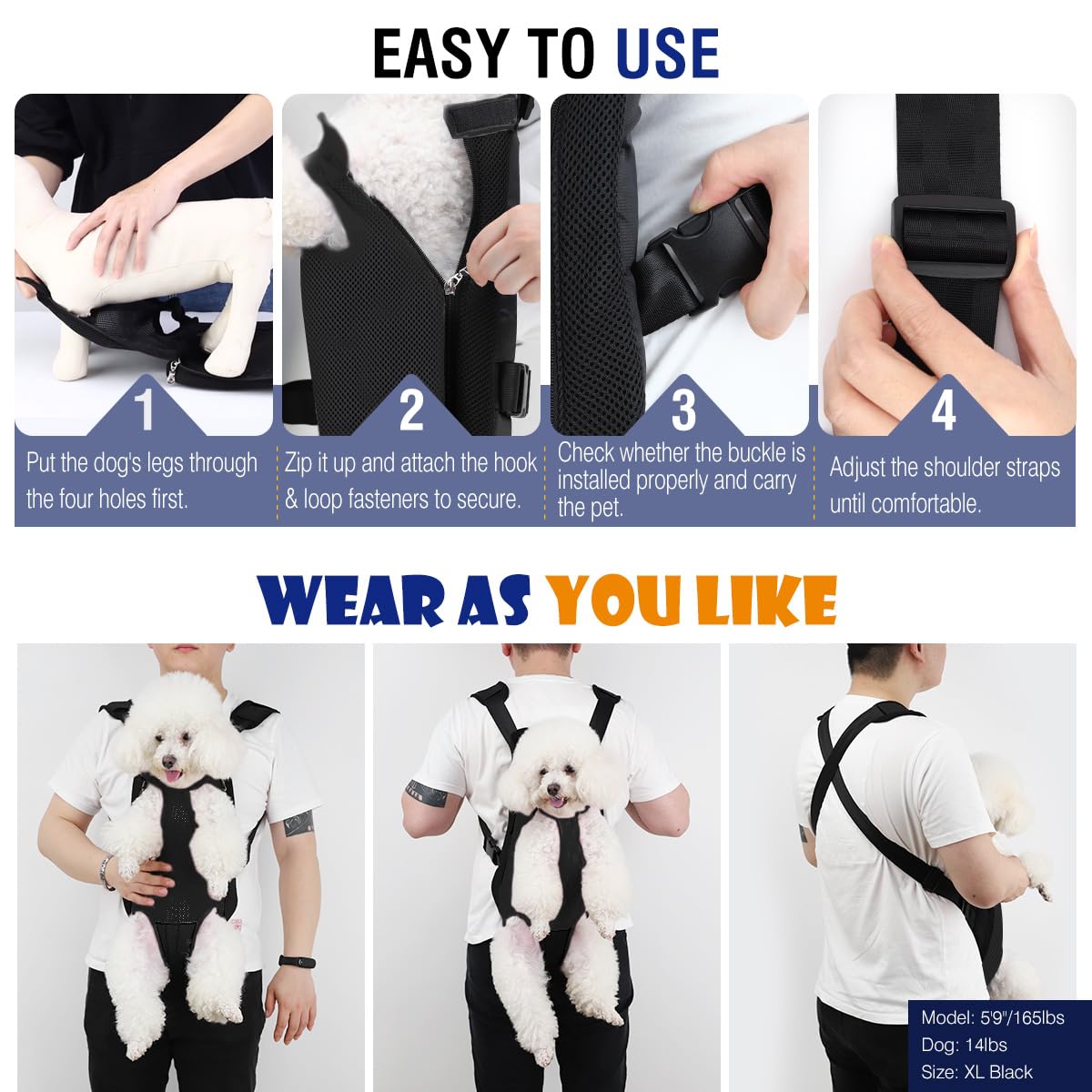 Pawaboo Zaino per animali domestici, regolabile, per cani e gatti, con gambe aperte, facile da montare, per viaggi, escursionismo, campeggio, per cani di piccola e media taglia, con margherite nere