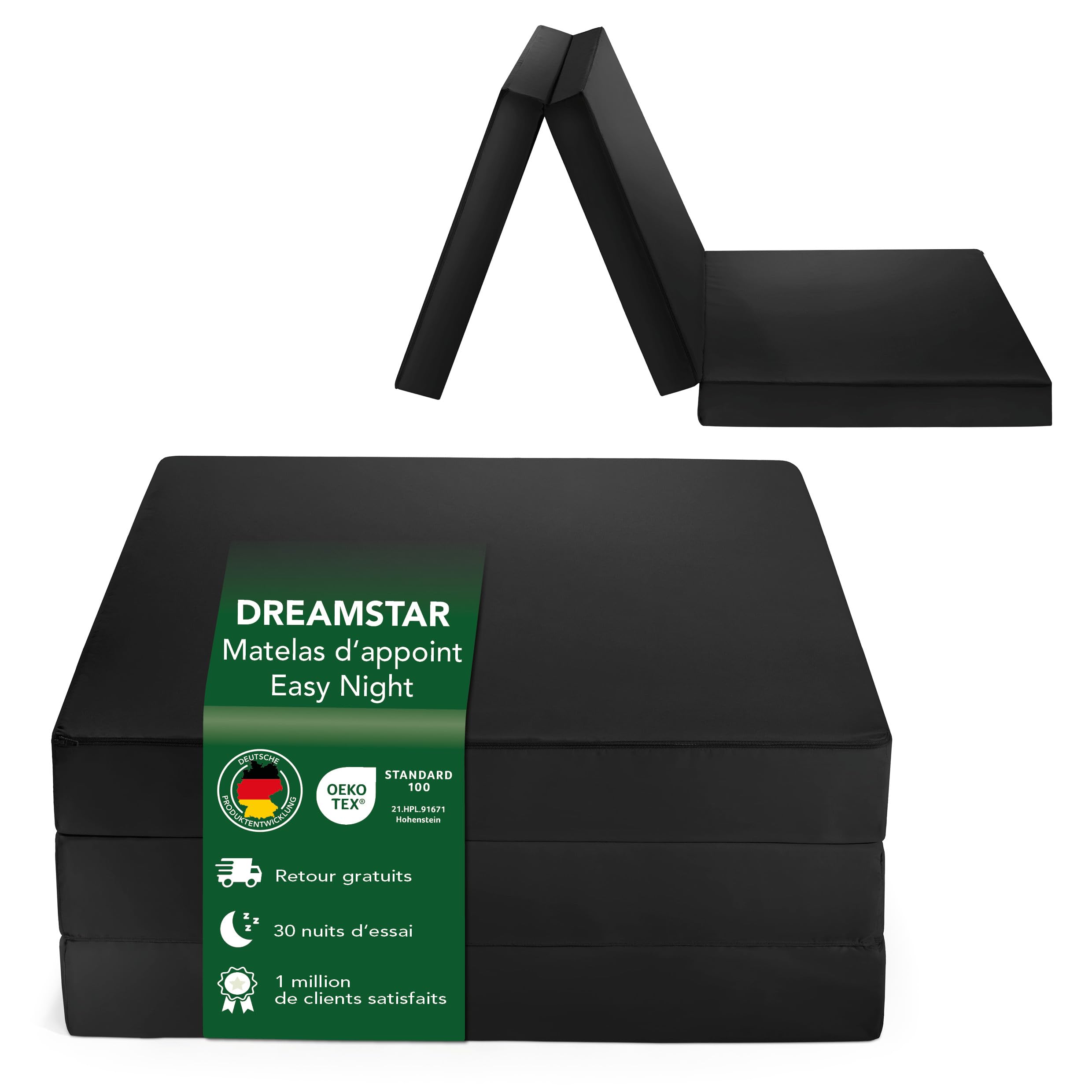 DREAMSTAR Easy Night, Matelas d'appoint pliable en 3 pièces, 7 cm de haut, 30 nuits d'essai de sommeil, Certifié Oeko-Tex, Matelas pliant noir, 60 x 190 cm