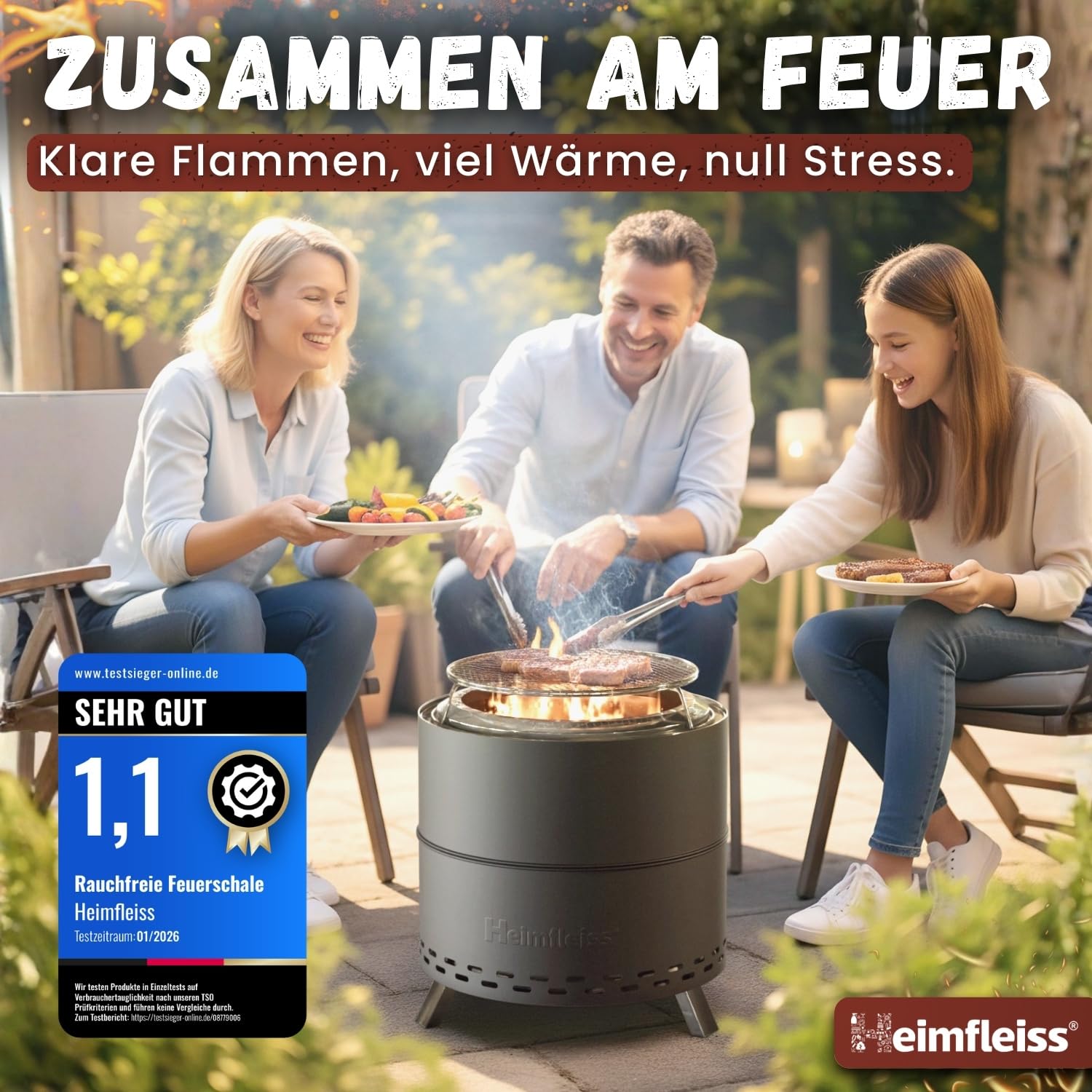 Heimfleiss® Rauchfreie Feuerschale Edelstahl Ø50cm Feuerkorb mit Grillrost für Garten Camping Balkon Terrasse