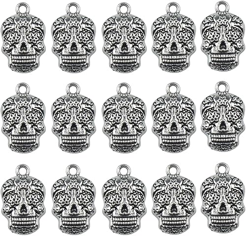 50 dijes de flores de calavera gótica, colgantes de esqueleto de aleación de Halloween, dijes de calavera de metal vintage tibetano, para hacer