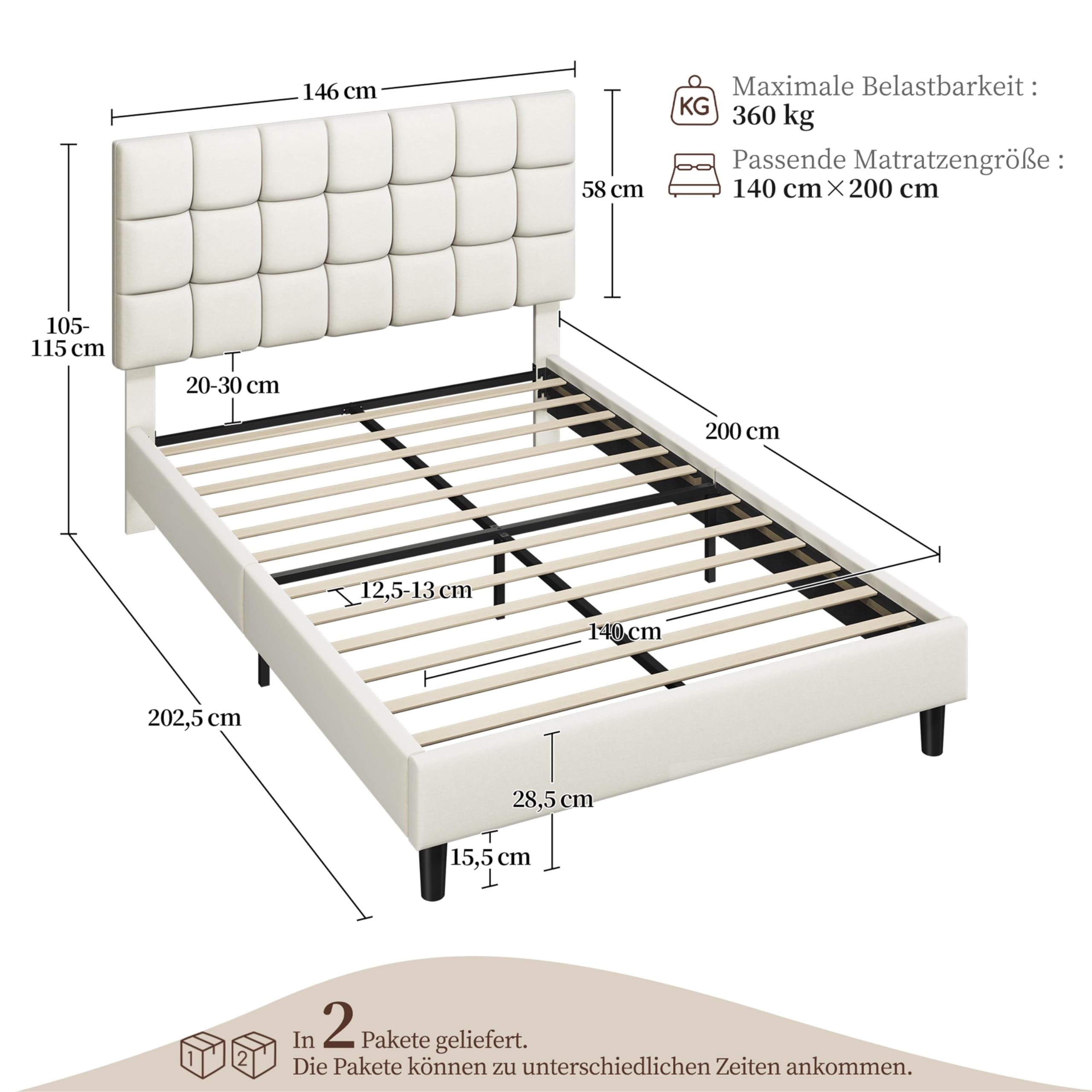 Yaheetech Polsterbett 140 x 200 cm Doppelbett mit Höhenverstellbarem Kopfteil – Bild 2
