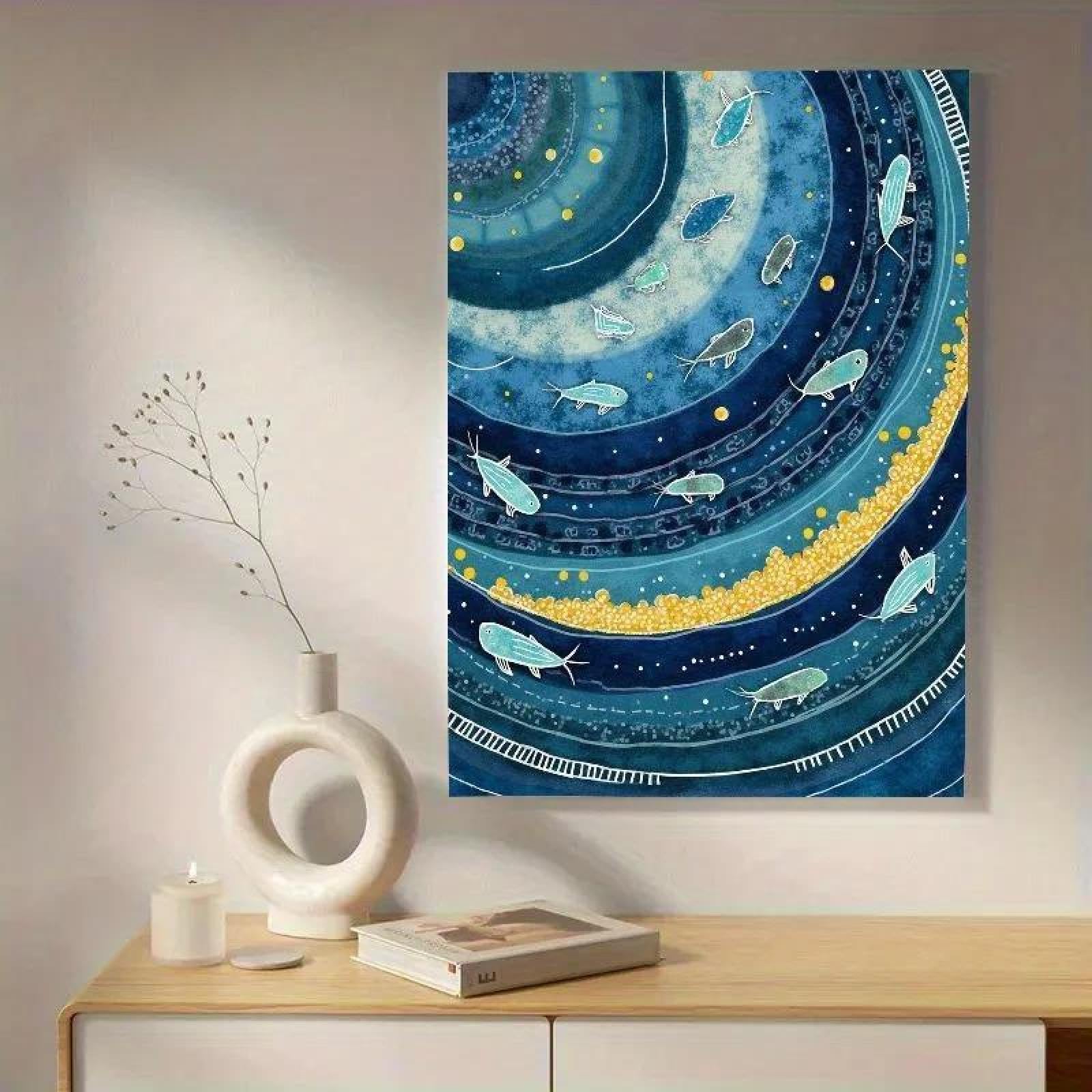 Yocheng Abstract Underwater World Canvas Wall Art Ocean Fish In Blue And Golden Spiral 60x90cm No Frame