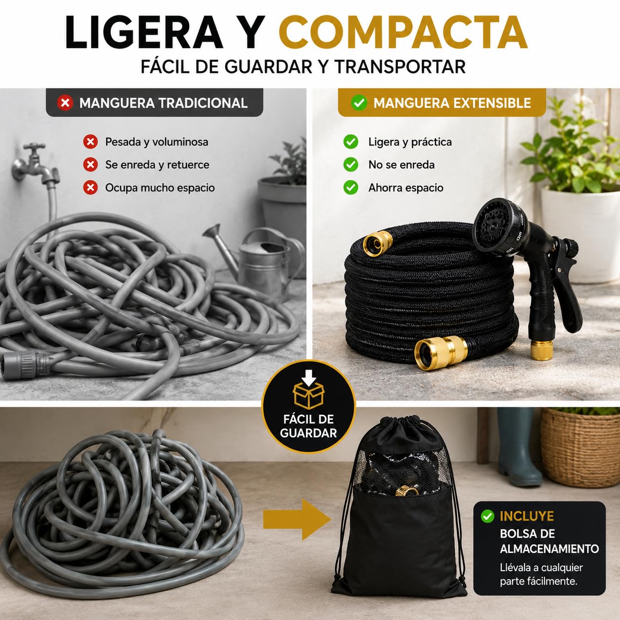Manguera Extensible Jardín hasta 15 metros con Pistola de Riego Premium de 8 modos, Conectores de Latón 1/2 y 3/4, Resistente y duradeea. Manguera agua flexible Reforzada Antifugas Alta Presión