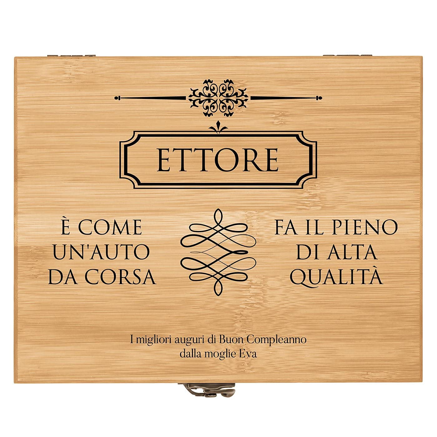 Maverton Accessori da vino La Dedica - Kit da Sommelier Personalizzato - Scatola in legno di bambù + 8 pezzi di Accessori Vino - regalo uomo - Il pieno