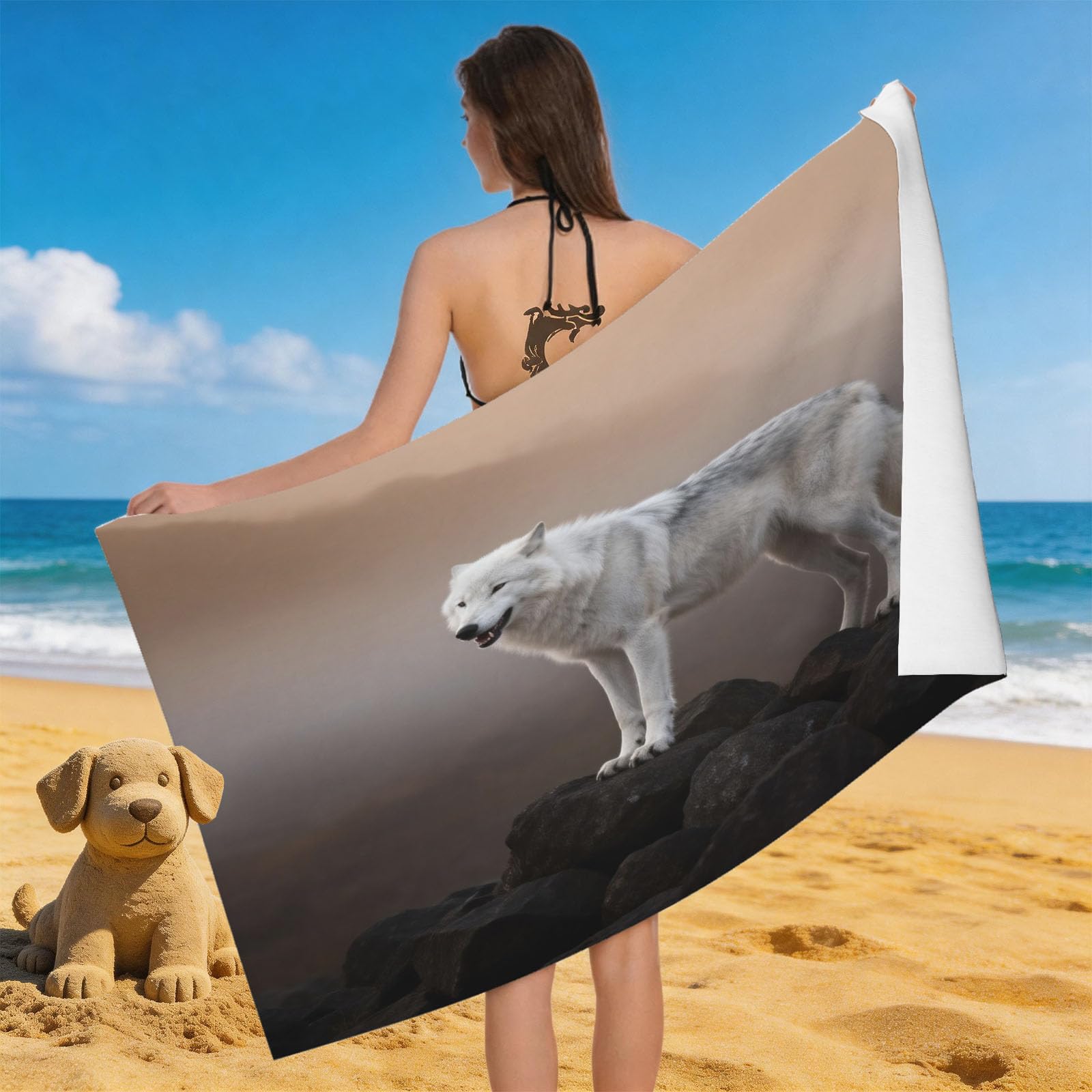 Leichong Men's White 3D Wolf Beach Towel Large Microfiber Soft Quick Dry For Adults, Wild Style Bath Towel Lightweight Soft Absorbent For Travel Swimming Pool Sports, 180 X 90 Cm