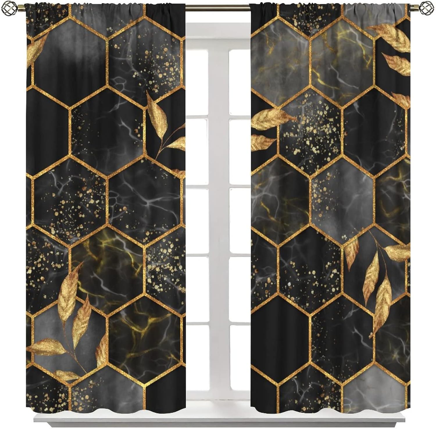 Marble Blackout Curtain,Dark Grey Abstract Geometry Hexagon Pattern Texture Yellow Leaves Art Golden Foil Texture Rod Pocket Curtain for Boys Girls Bedroom Living Room Window Drapes 42" Wx45 L