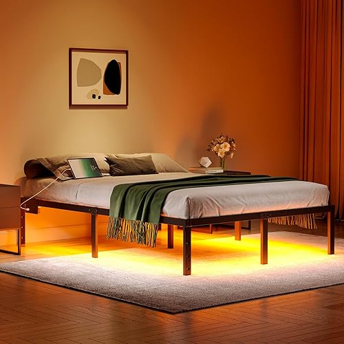 Base de cama Queen con luces LED y estación de carga, marco de cama de plataforma de metal resistente de 14 pulgadas, no necesita somier, fácil