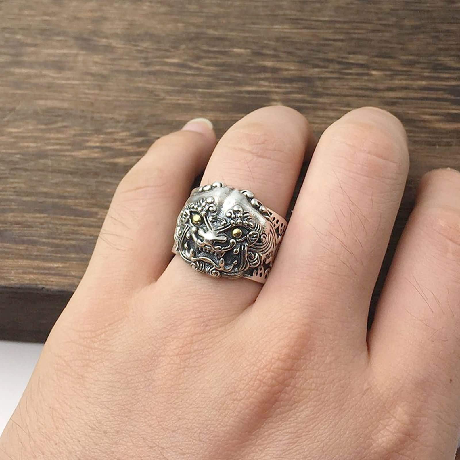 Anillo de Plata de Ley Hombre Ajustable,Anillo Hombre Gotico Anillo Punk Hombre Plata Negro Retro Animal Talla 17