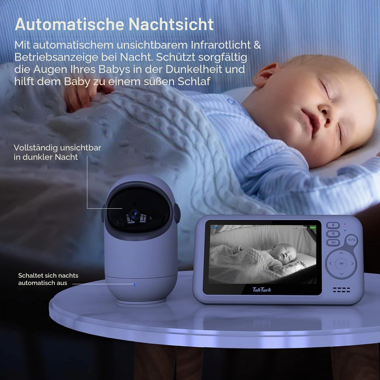 TakTark Babyphone mit Kamera, 4.3'' Babyfon mit Kamera und Audio mit Pan-Tilt 300° Rotation Video Baby Monitor mit VOX, Gegensprechfunktion, Nachtsicht, Temperatursensor und Keine störenden Lichter