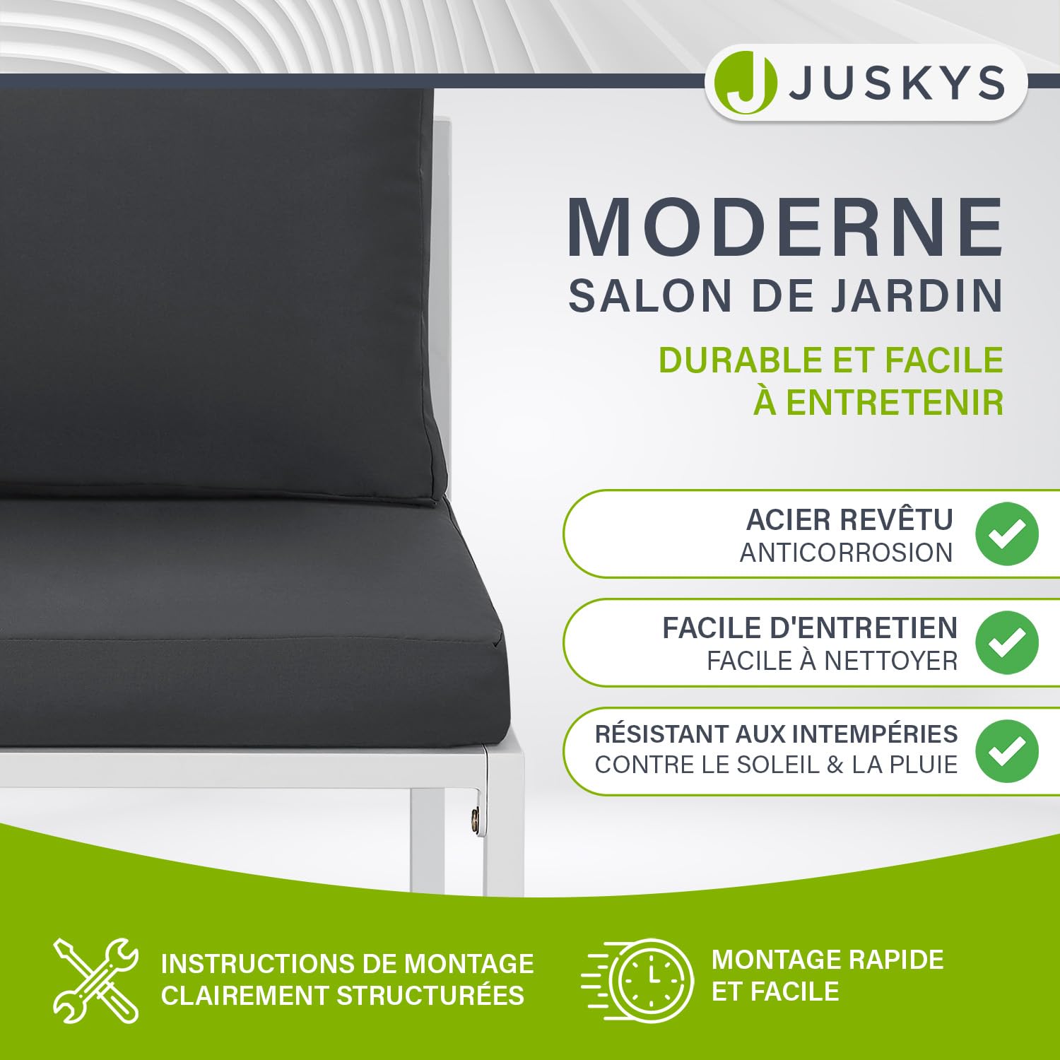 Juskys Salon de Jardin 5 pièces Bari avec Table & Coussins - Coin Lounge d'extérieur en métal - Petit mobilier de Balcon - Meubles Outdoor pour Balcon et Jardin - Gris