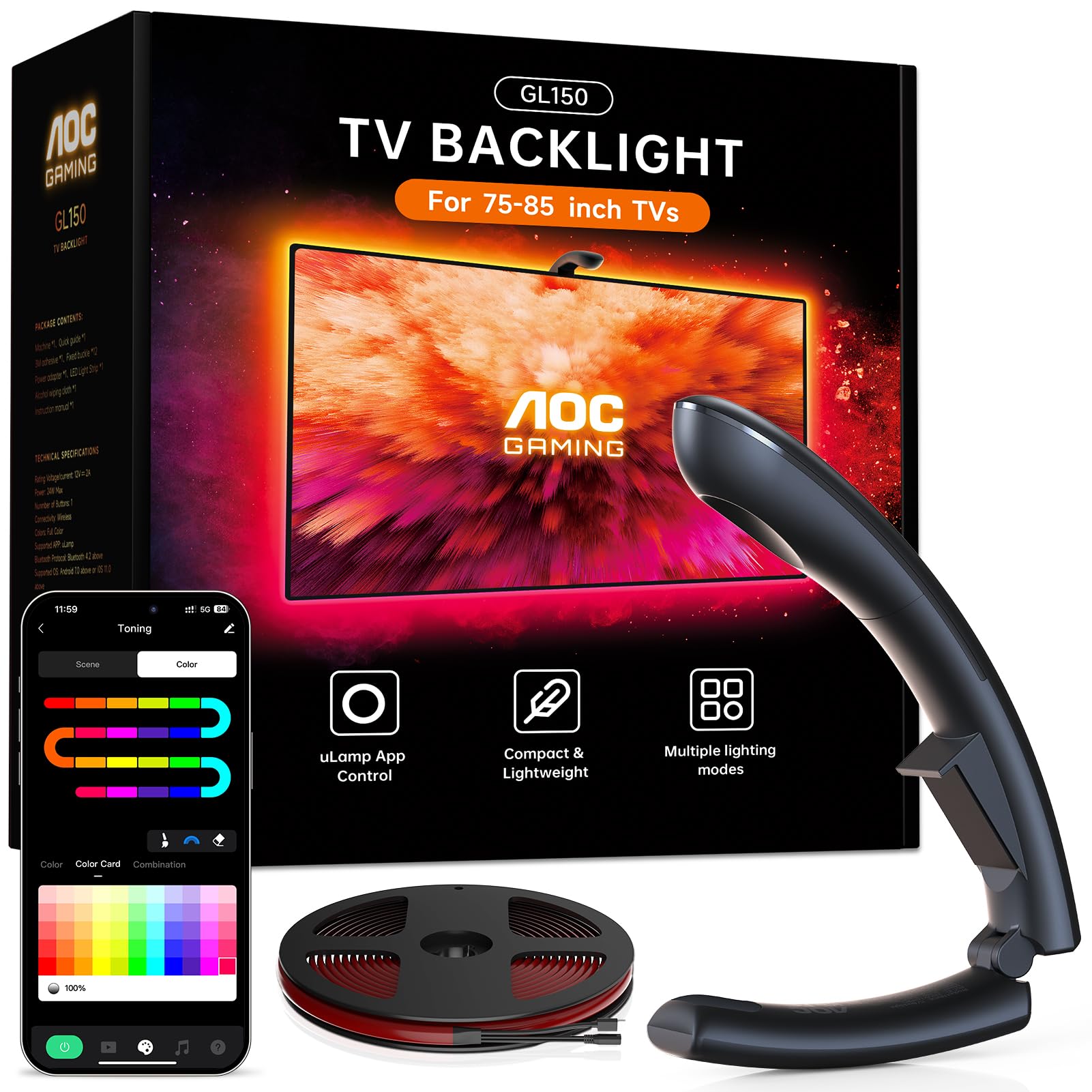AOC TV Backlight Sync to Screen Behind TV LED Changing Lighting for 75-85 Inch TVs RGB LEDs Strip
