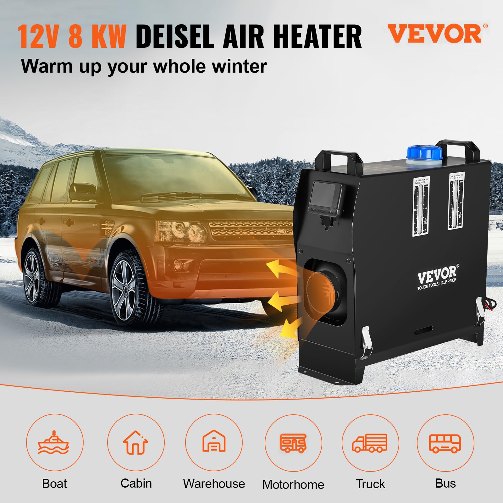 VEVOR Calentador de Aire Diésel 12V 8 kW Calefacción Estacionaria Diésel -40 °C - 80 °C Calentador de Estacionamiento Diésel Calefacción Estática Furgoneta Diésel Calentador Coche (Interruptor LCD)