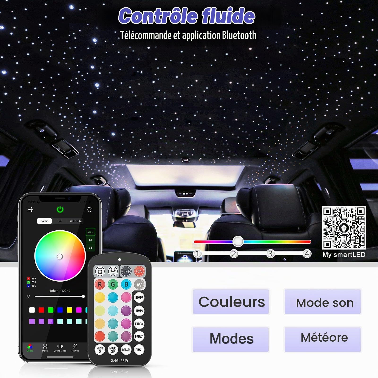 12W Mini RGBW Ciel Etoile Voiture, 300pcs*0.75mm*3m LED Ciel De Toit Etoile Voiture Bluetooth//Télécommande, Fibre Optique Lumineuse +Adaptateur+Prise pour Voiture/Maison/Théâtre