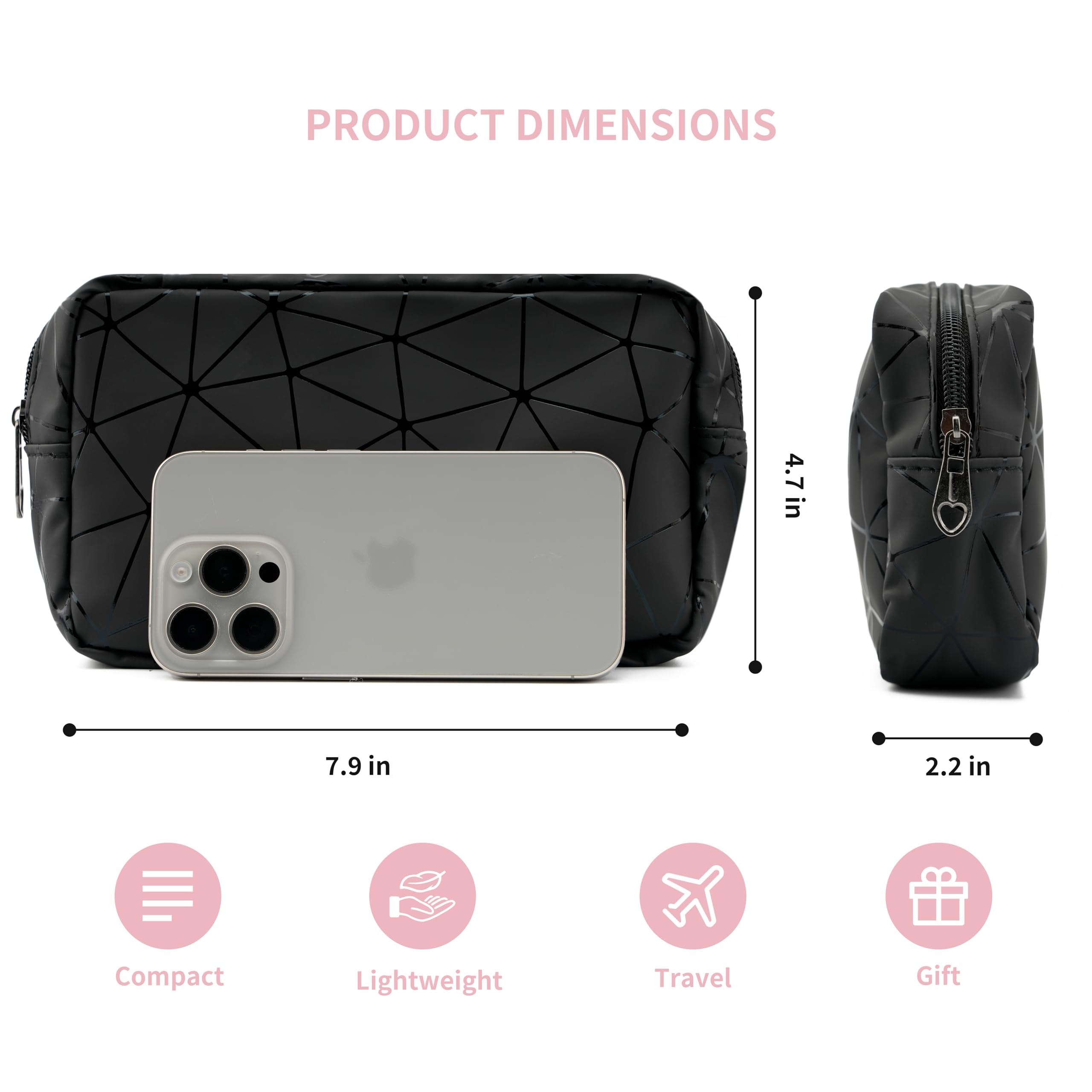 REDSINDA Small Cute Makeup Zipper Pouch, Multi-purpose Travel Cosmetic Organizer Bag, Waterproof Toiletry Bag for Women (Black)