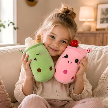 2Pcs Boba Plush Pillows, Pink Strawberry Bubble Tea Plushies