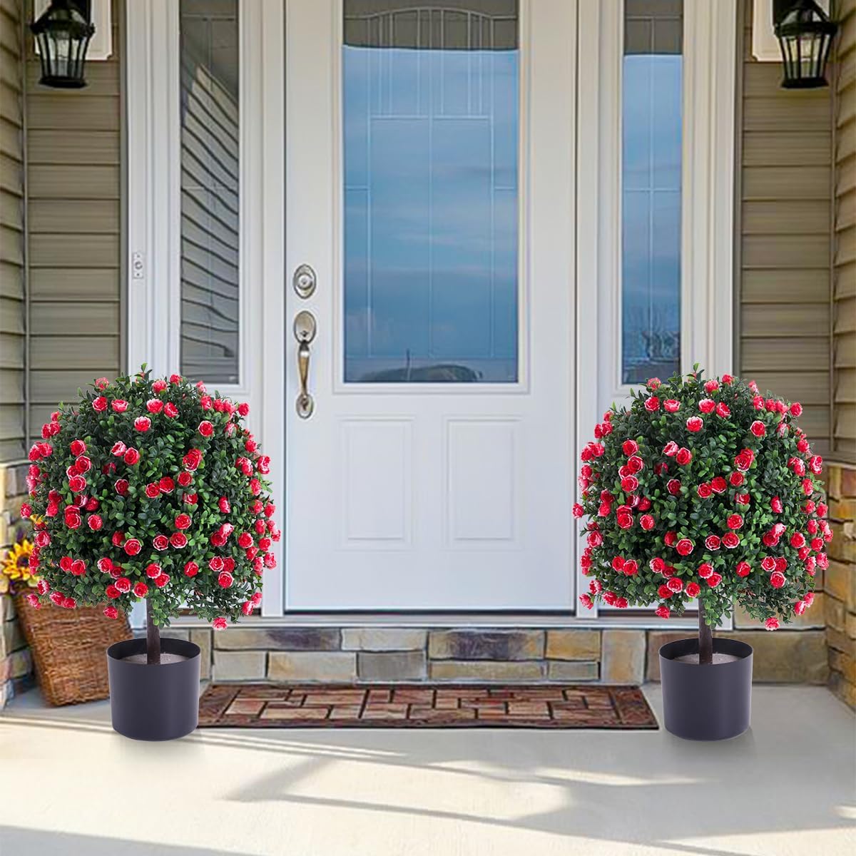 Artificial Rose Topiary Ball Tree,21.65" Faux Potted Tree, Artificial Boxwood Topiary Ball Tree with Flowers,Outdoor Faux Potted Plants for Front Door Porch Garden Backyard
