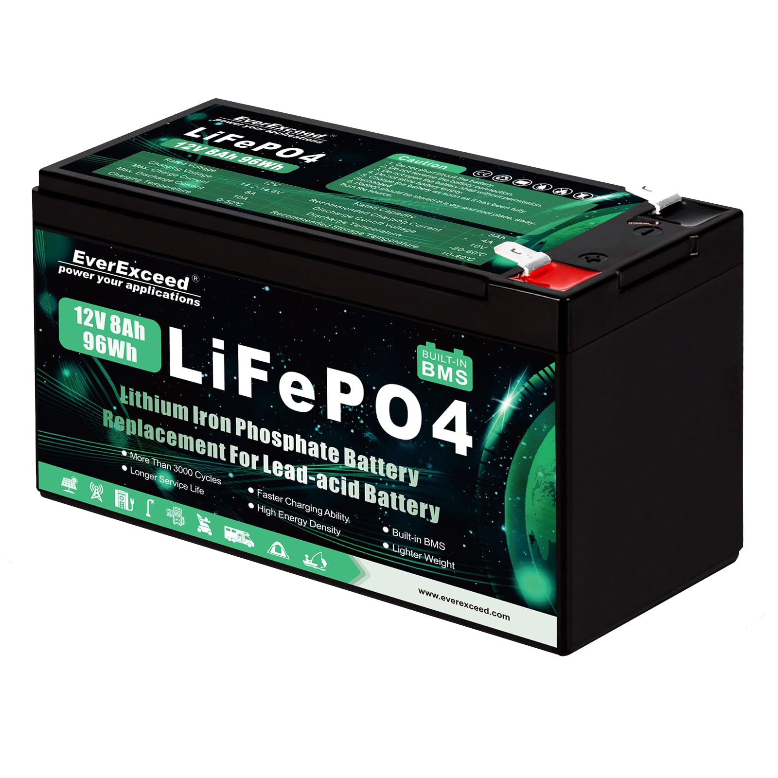 Batería LiFePO4 12V 8Ah BMS 3000 Ciclos Profundos Litio Solar Eólica Iluminación