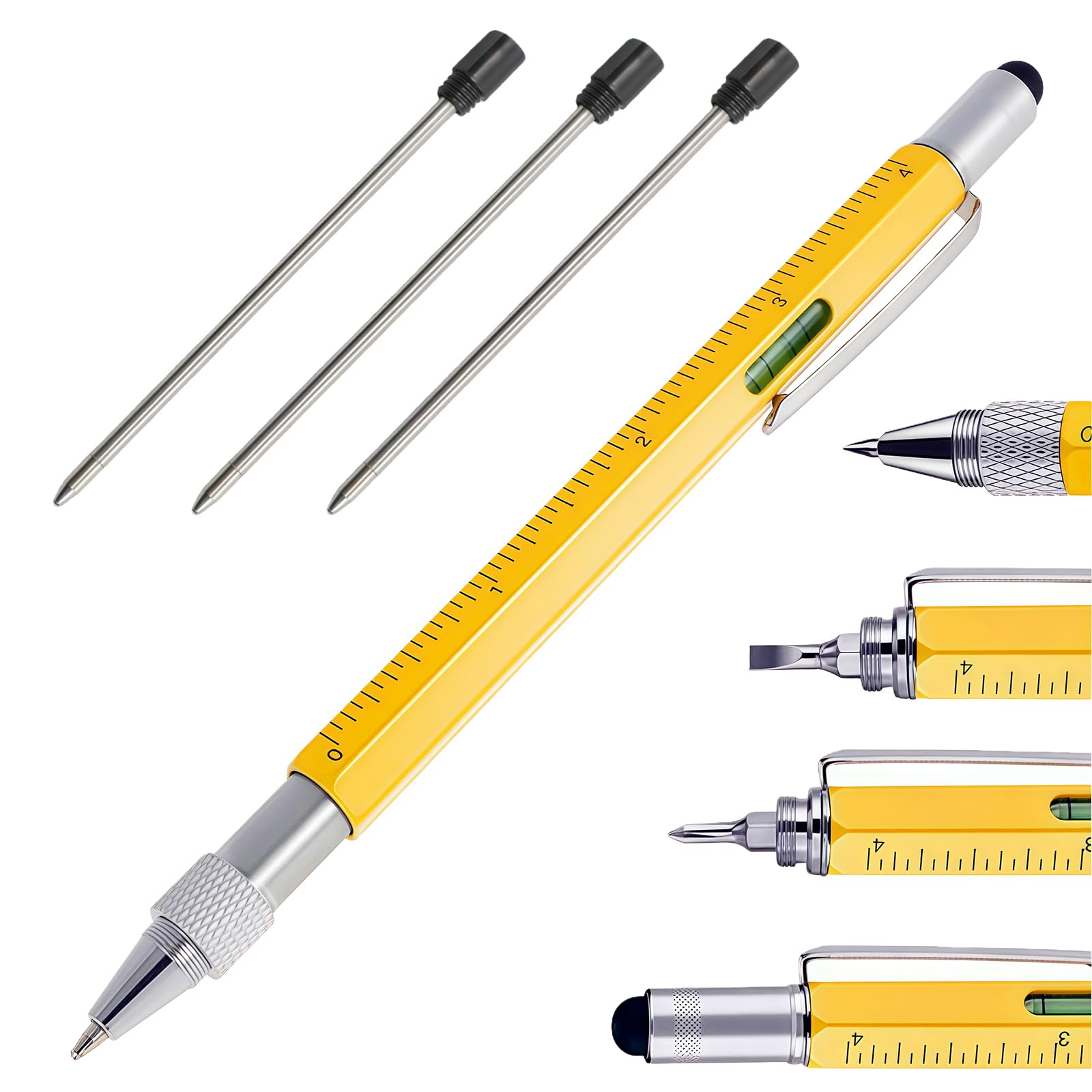 Multi Tool Pen 6 in 1 Ballpoint Pens with Ruler Level Cross Flat Head Screwdriver Touch Screen Pocket with 3 Black Ink Refills for Engineer Carpenter Construction Tools