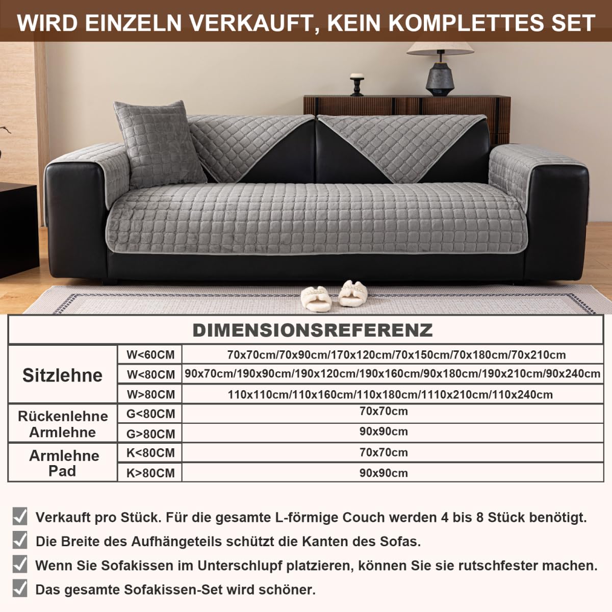 Sofa Überzug L Form, Sofadecken für Sitzfläche, Couch Überzug 1 2 3 4 Sitzer Sofabezug, Sofaschoner rutschfest,Universelle Sofaüberwurf,Ecksofa(F-Dunkelgrau,70x150cm