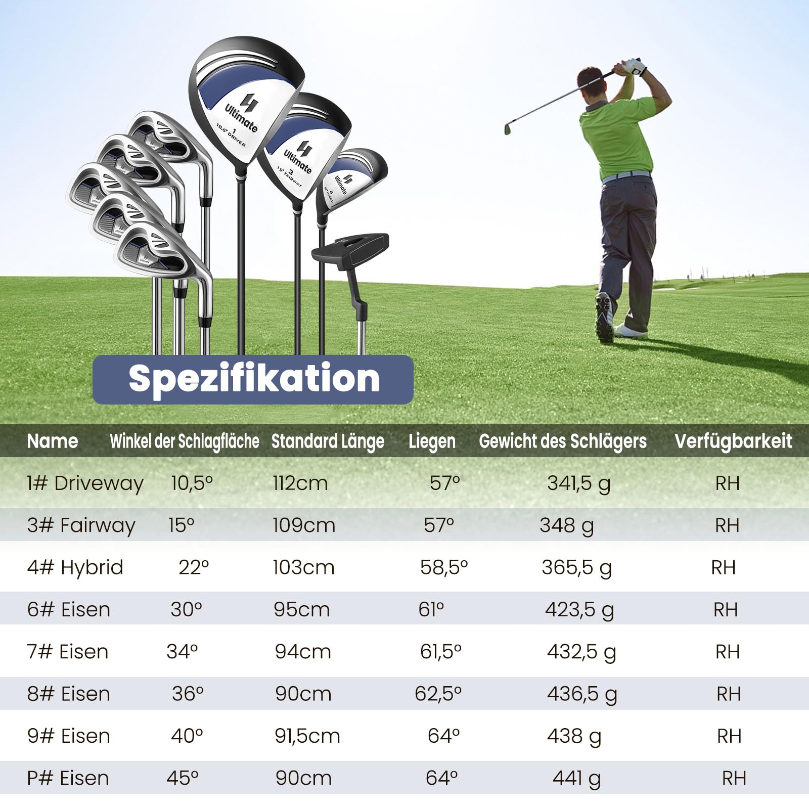 GYMAX Komplettes Golfschlägerset für Herren, 12-teiliges Golfschlägerset mit Schlägerhauben, inkl. 1# Driver, 3# Fairway, 4# Hybrid, 6# & 7# & 8# & 9# & P# Eisen, Putter