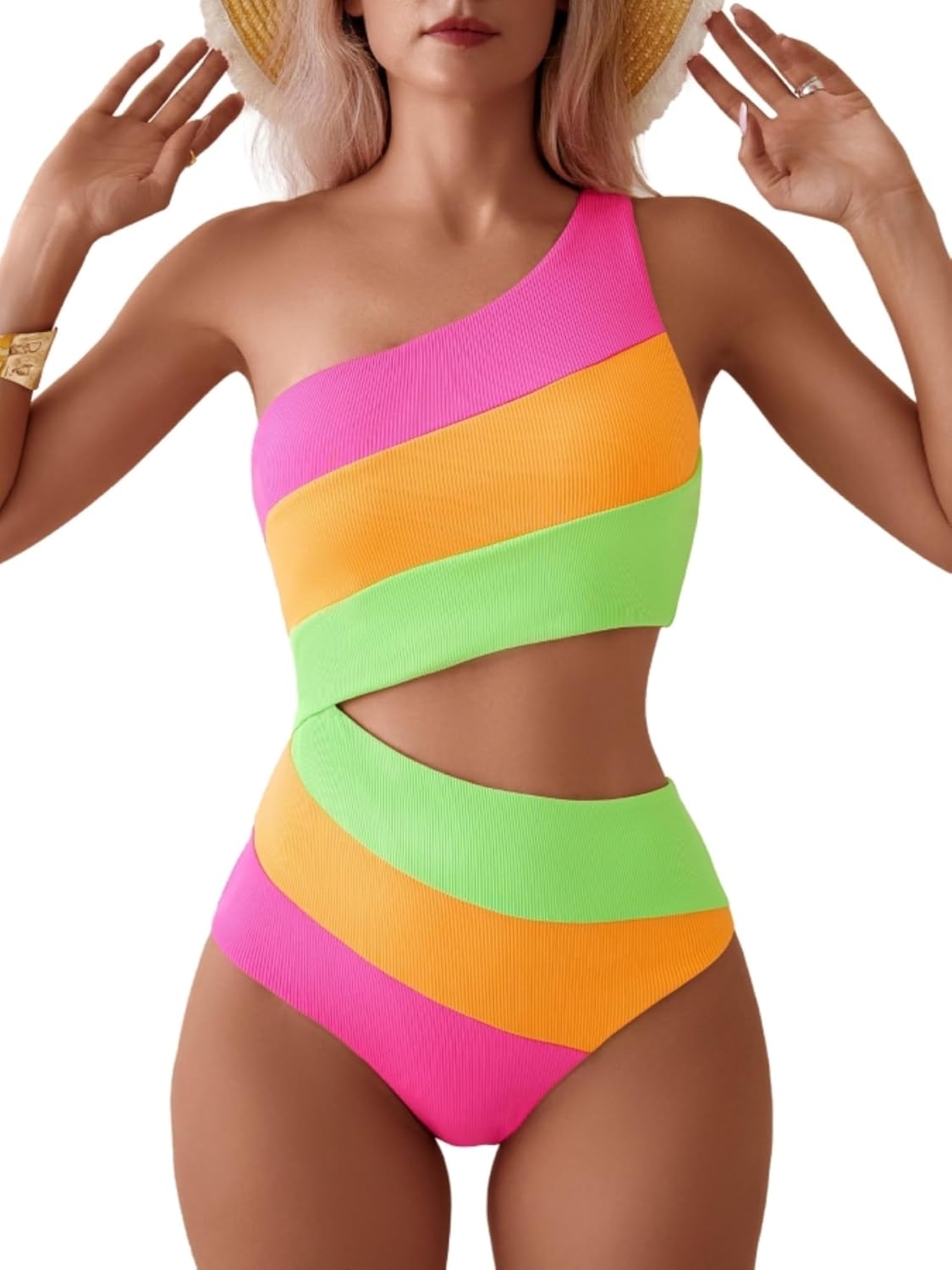 TASHEHE Women's One Shoulder One Piece Swimsuit Sexy Neon Color Block Bathing Suit Modest Full Coverage Cutout Swimwear